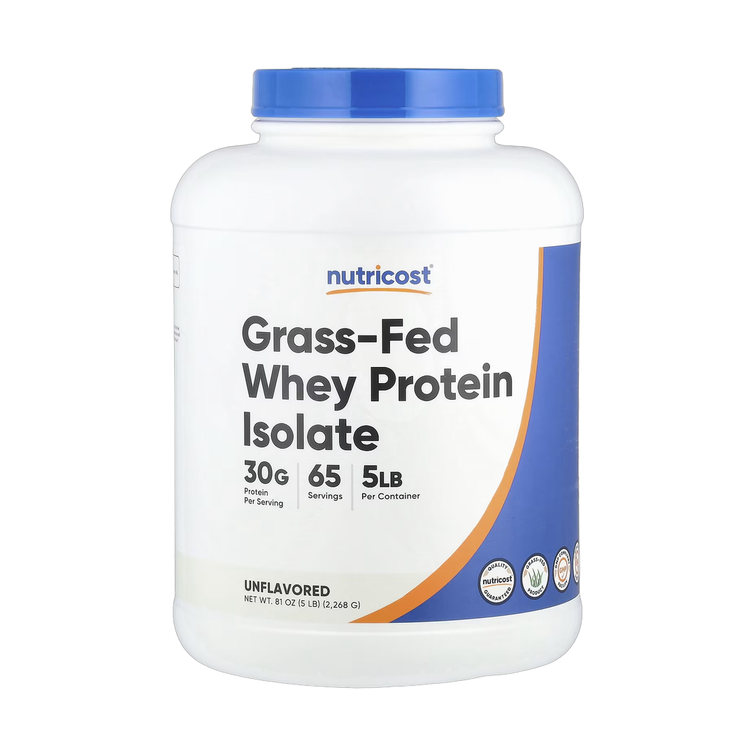 Nutricost, Grass-Fed Whey Protein Isolate, Unflavored, 5 lb, 2,268 g front packaging view