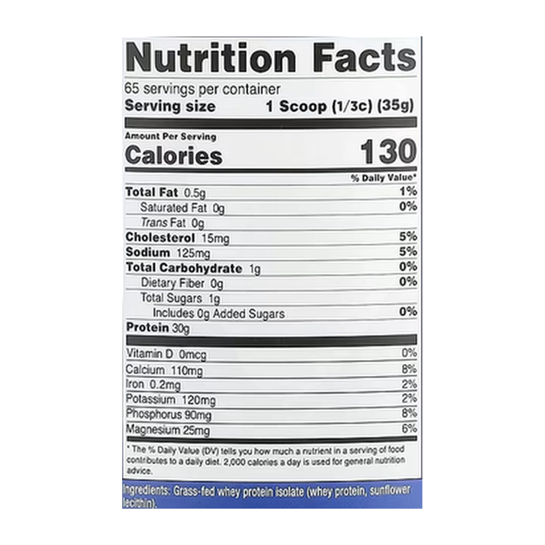 Nutricost, Grass-Fed Whey Protein Isolate, Unflavored, 5 lb, 2,268 g supplement facts label showing ingredients, vitamins, minerals, and serving information