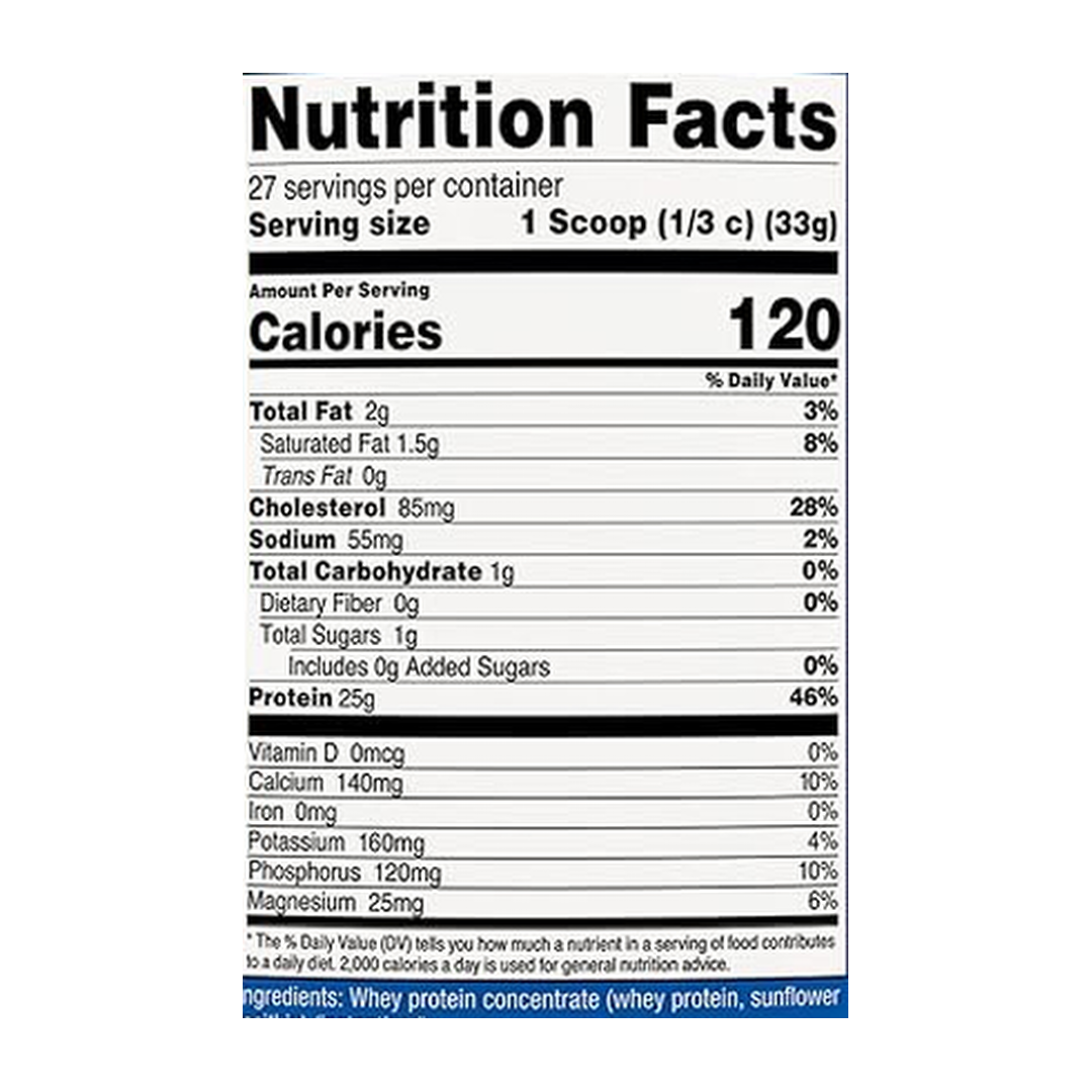 Nutricost, Whey Protein Concentrate, Unflavored, 2 lb supplement facts label showing ingredients, vitamins, minerals, and serving information
