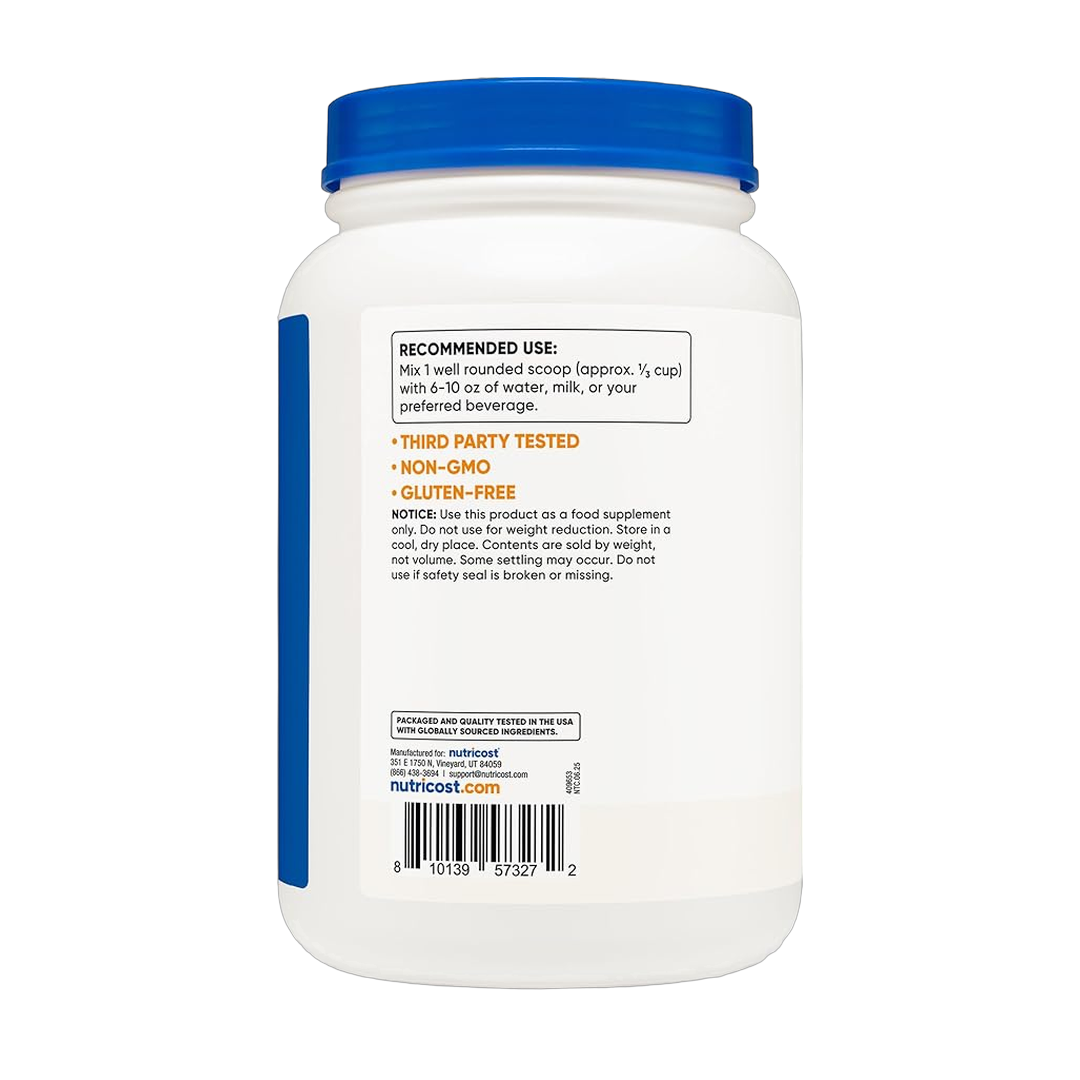 Nutricost, Whey Protein Concentrate, Unflavored, 2 lb packaging side view