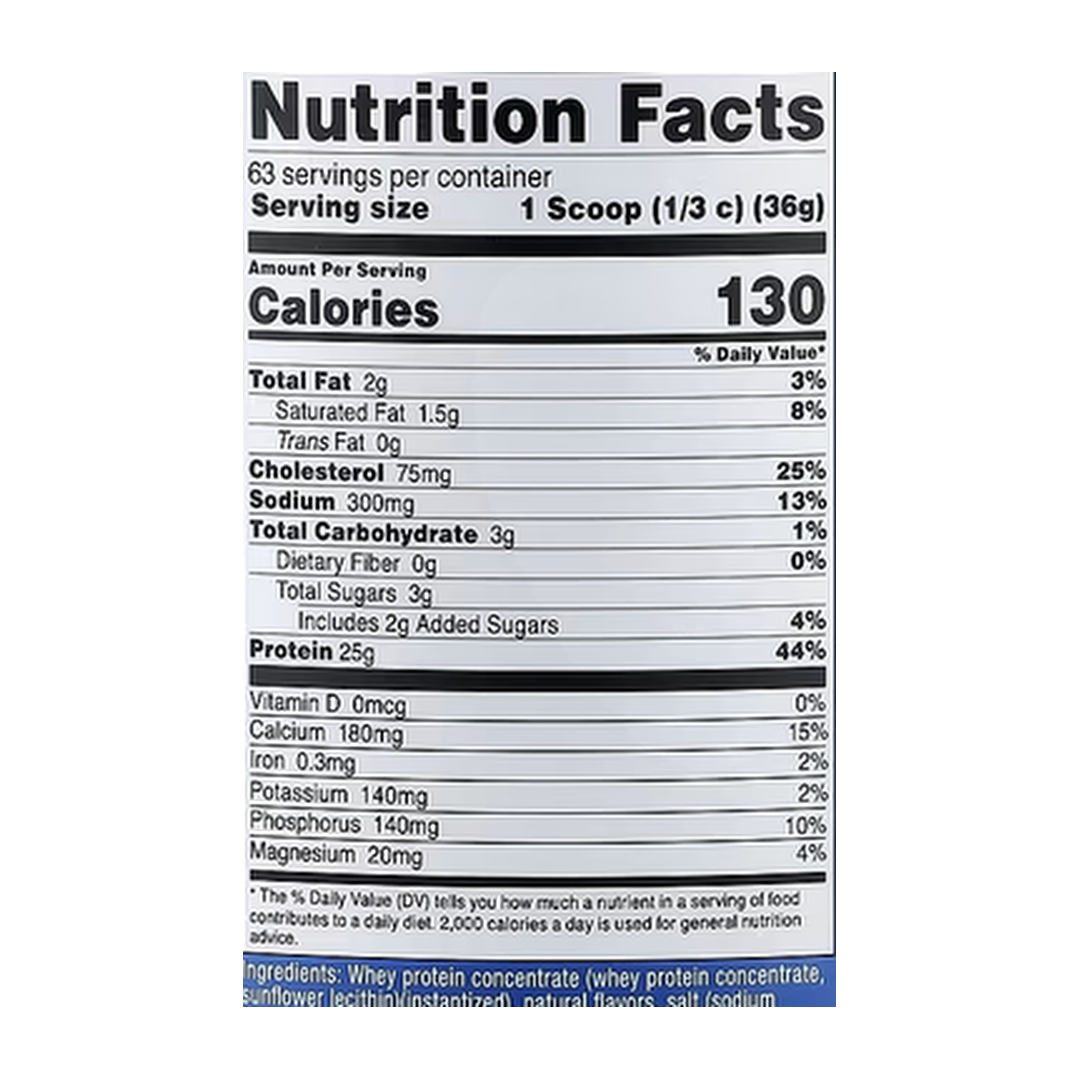 Nutricost, Whey Protein Concentrate, Vanilla, 5 lb, 2,268 g supplement facts label showing ingredients, vitamins, minerals, and serving information