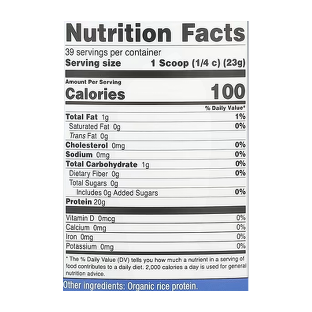 Nutricost, Organic Rice Protein Powder, Unflavored, 2 lb, 907 g supplement facts label showing ingredients, vitamins, minerals, and serving information