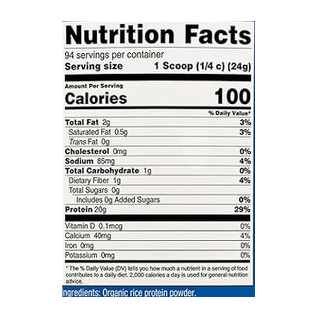 Nutricost, Organic, Rice Protein, 5 lb, 2,268 g supplement facts label showing ingredients, vitamins, minerals, and serving information