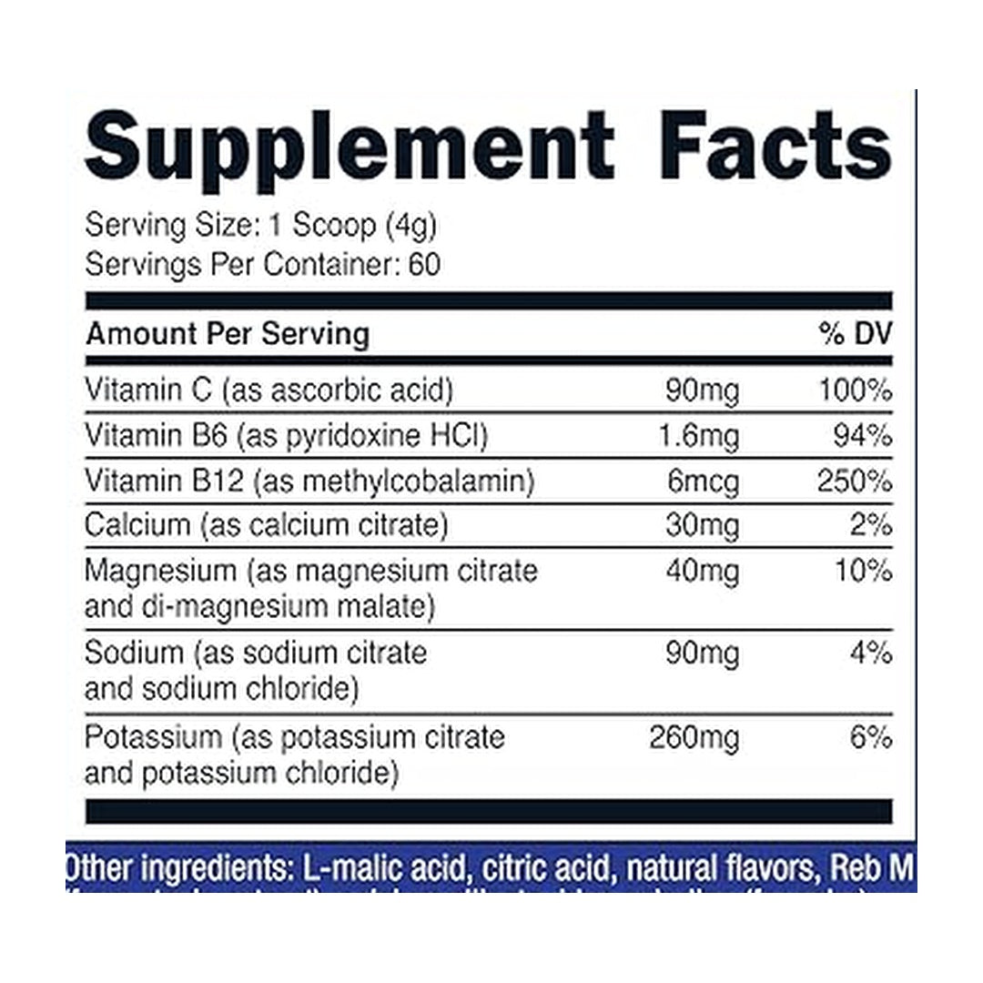 Nutricost, Electrolytes, Advanced Hydration Complex, Blue Raspberry, 8.4 oz, 234 g supplement facts label showing ingredients, vitamins, minerals, and serving information