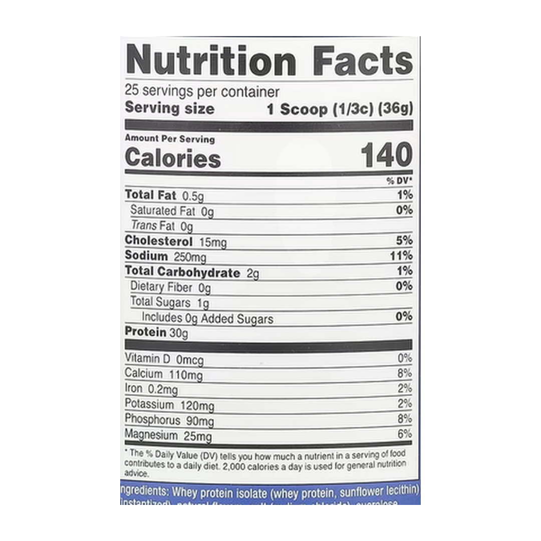 Nutricost, Whey Protein Isolate, Salted Caramel, 2 lb, 907 g supplement facts label showing ingredients, vitamins, minerals, and serving information