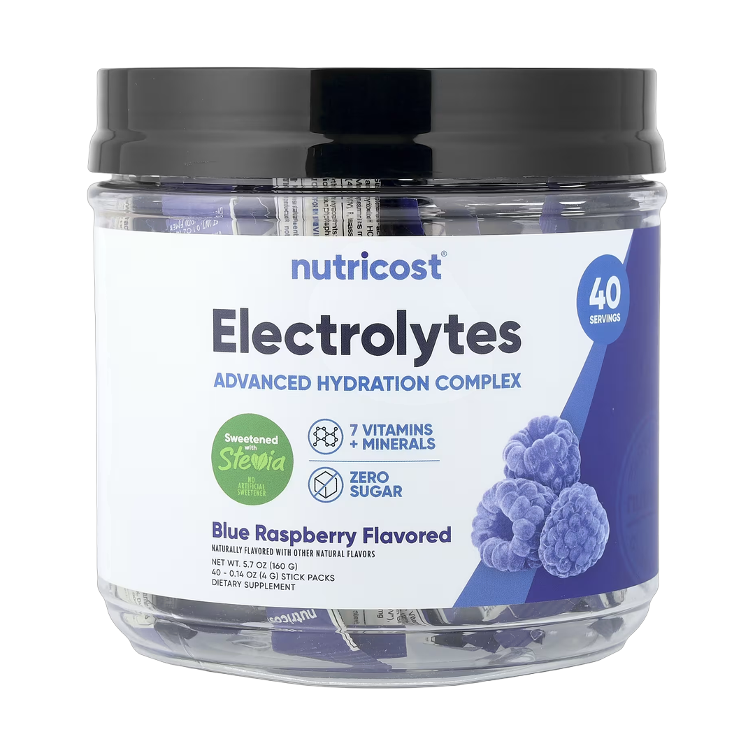 Nutricost, Electrolytes, Advanced Hydration Complex, Blue Raspberry, 40 Stick Packs, 0.14 oz, (4 g) Each front packaging view