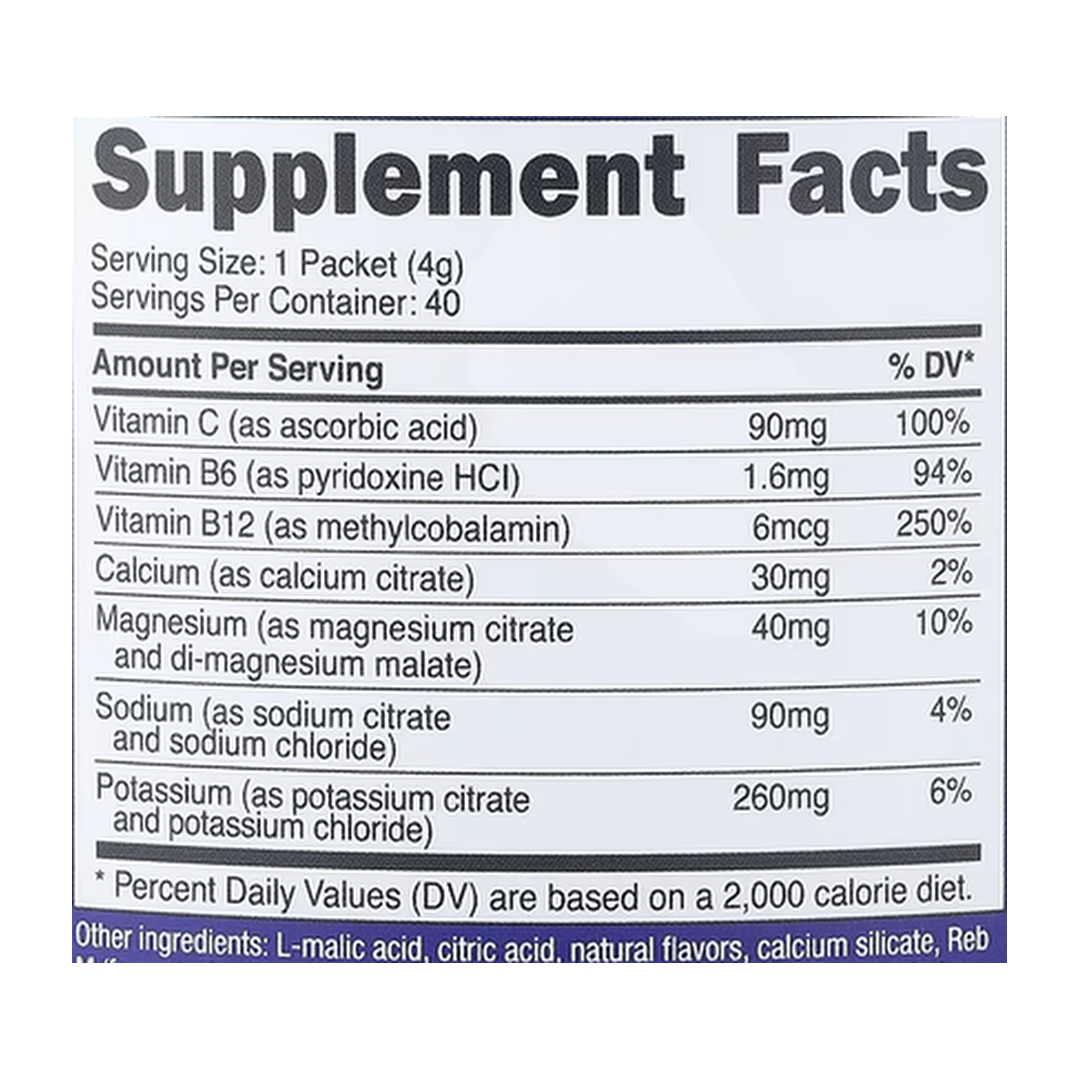 Nutricost, Electrolytes, Advanced Hydration Complex, Blue Raspberry, 40 Stick Packs, 0.14 oz, (4 g) Each supplement facts label showing ingredients, vitamins, minerals, and serving information