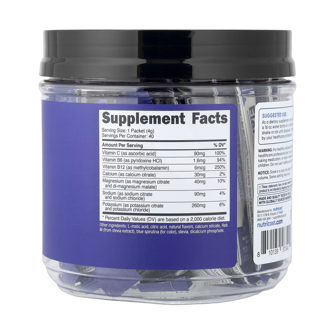 Nutricost, Electrolytes, Advanced Hydration Complex, Blue Raspberry, 40 Stick Packs, 0.14 oz, (4 g) Each back packaging view