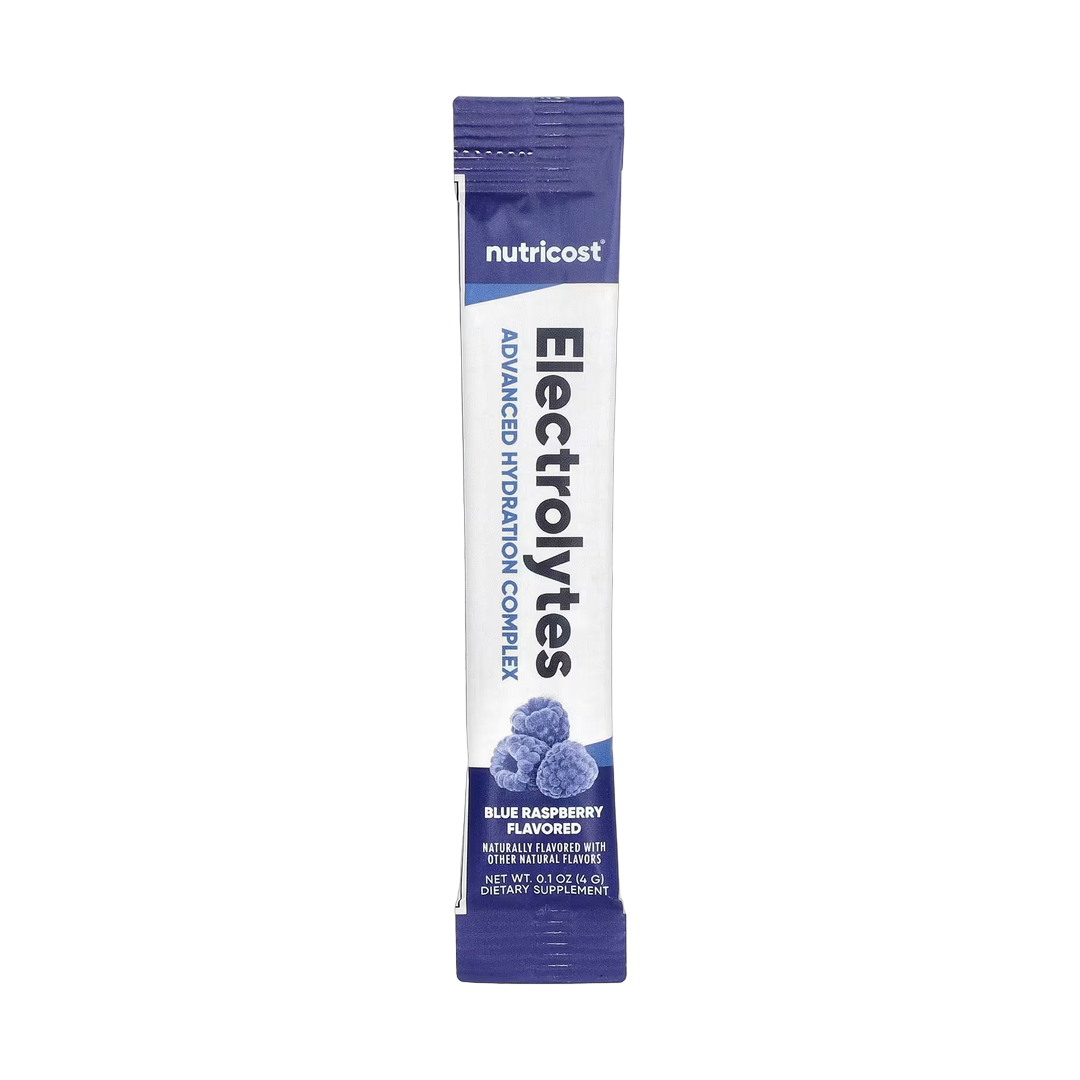 Nutricost, Electrolytes, Advanced Hydration Complex, Blue Raspberry, 40 Stick Packs, 0.14 oz, (4 g) Each packaging side view
