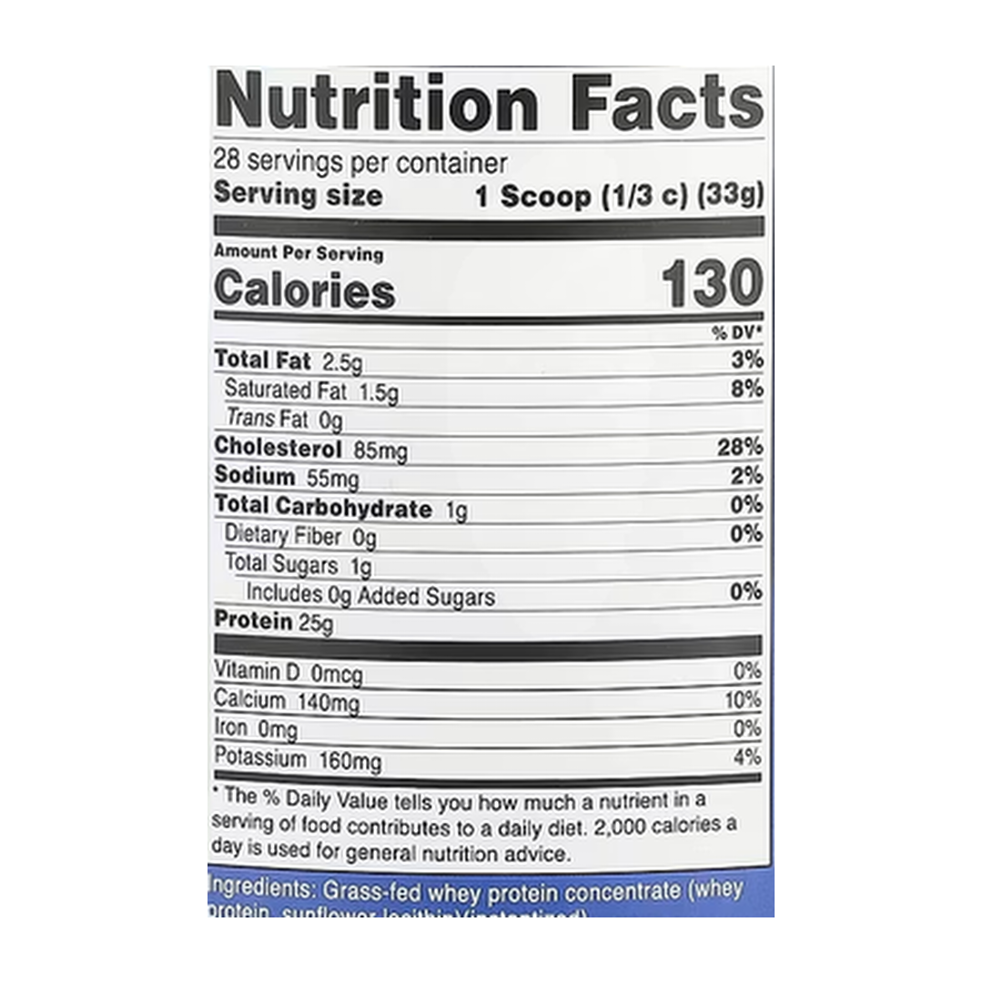 Nutricost, Grass-Fed Whey Protein, Unflavored , 2 lb, 907 g supplement facts label showing ingredients, vitamins, minerals, and serving information