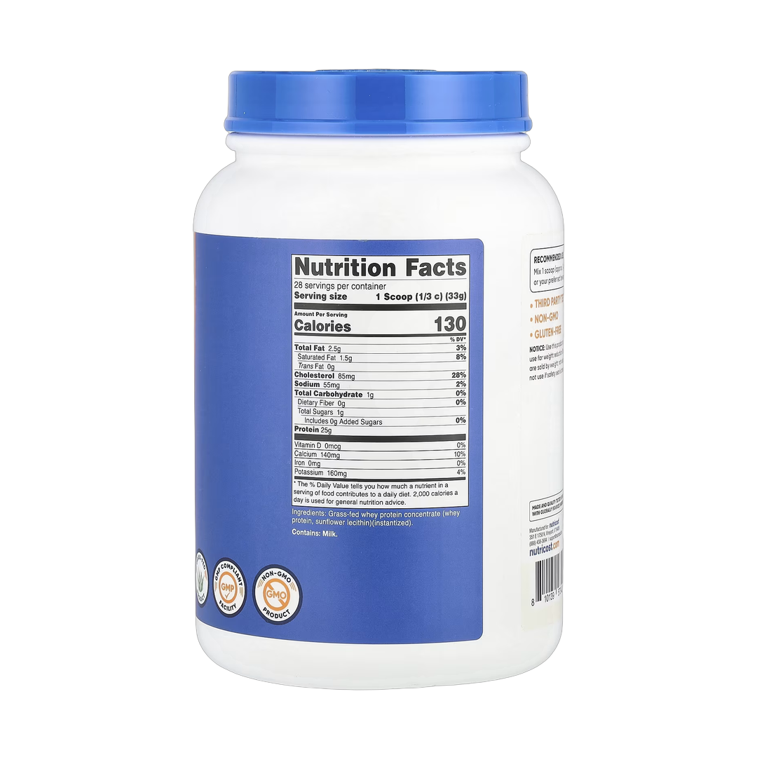 Nutricost, Grass-Fed Whey Protein, Unflavored , 2 lb, 907 g back packaging view