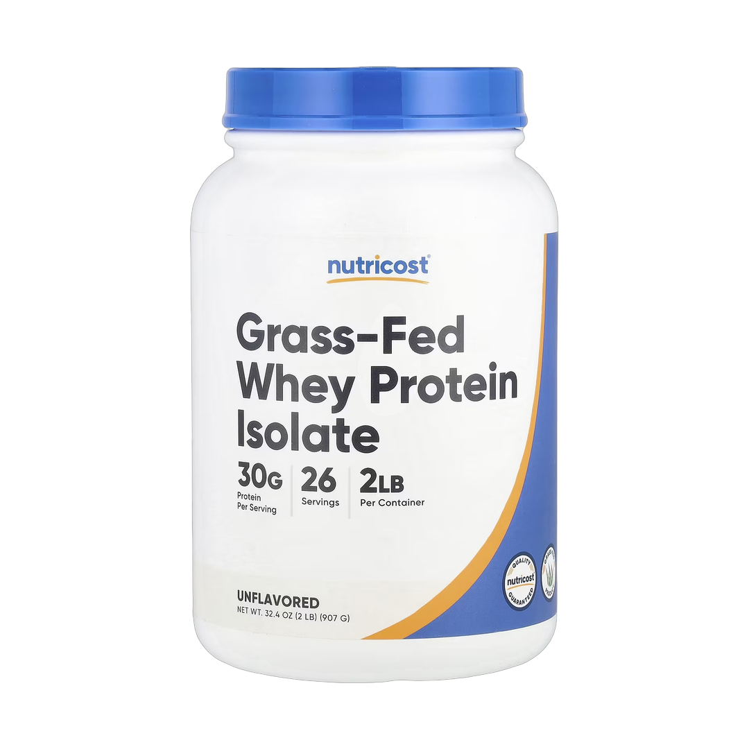 Nutricost, Grass-Fed Whey Protein Isolate, Unflavored, 2 lb, 907 g front packaging view