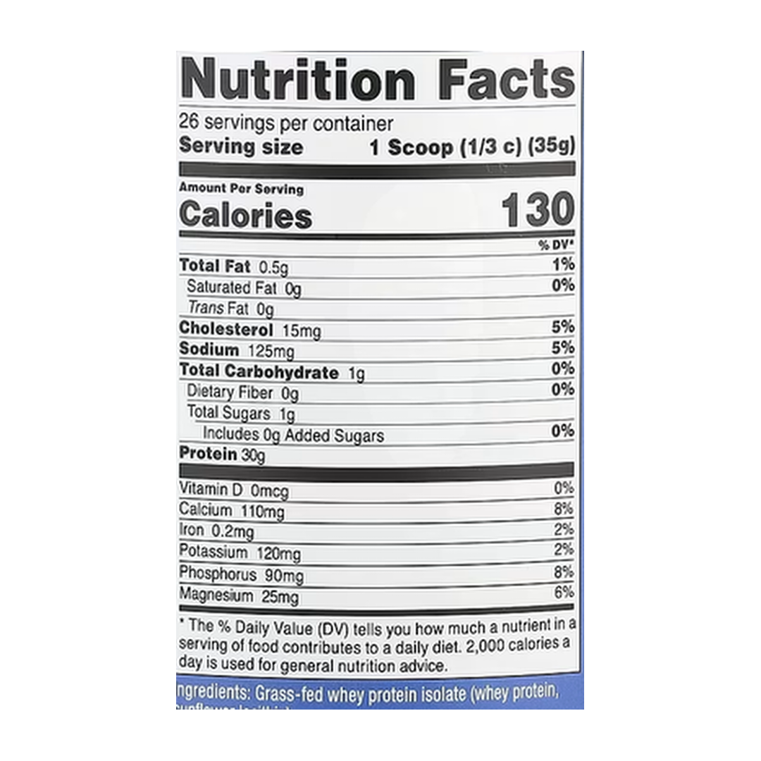 Nutricost, Grass-Fed Whey Protein Isolate, Unflavored, 2 lb, 907 g supplement facts label showing ingredients, vitamins, minerals, and serving information
