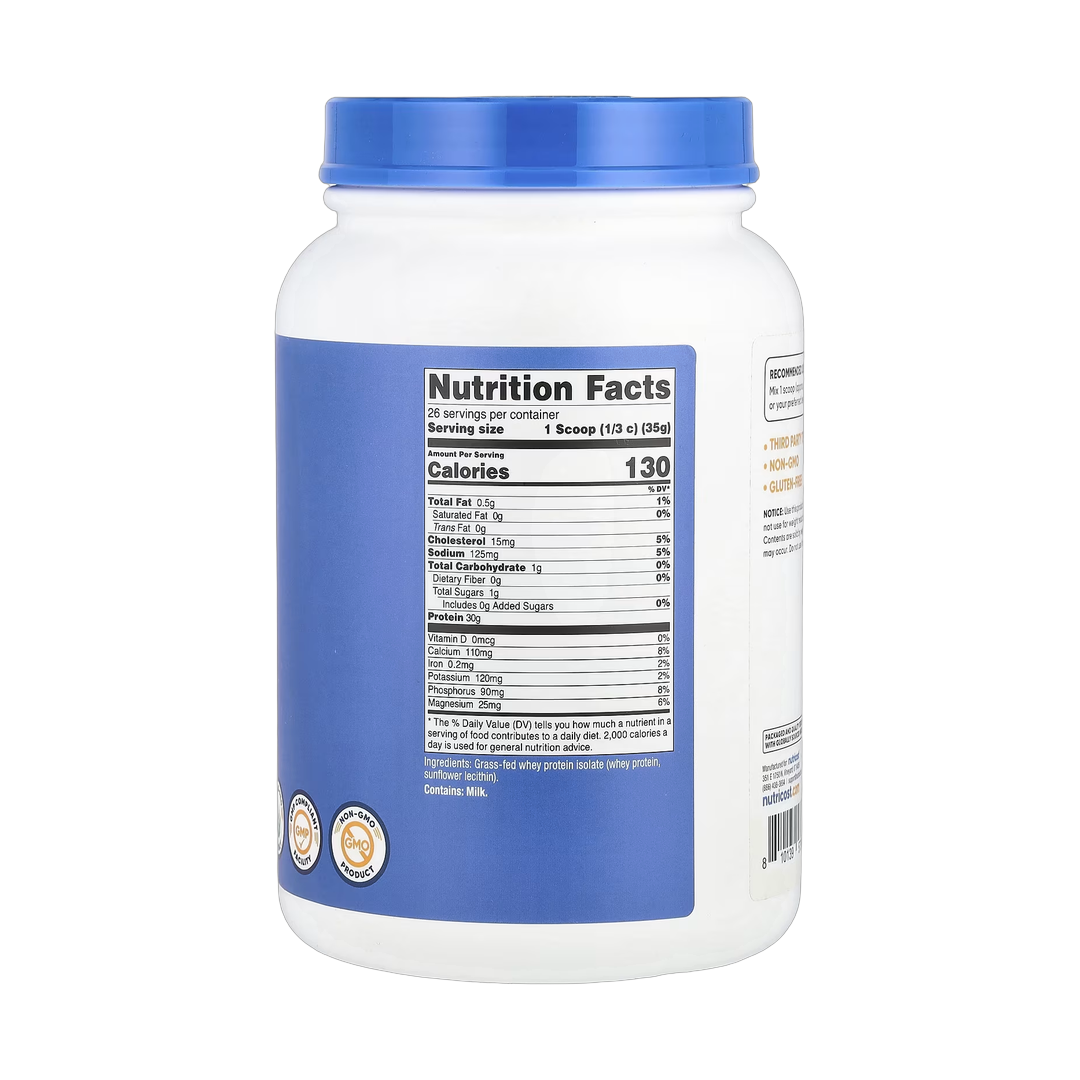 Nutricost, Grass-Fed Whey Protein Isolate, Unflavored, 2 lb, 907 g back packaging view
