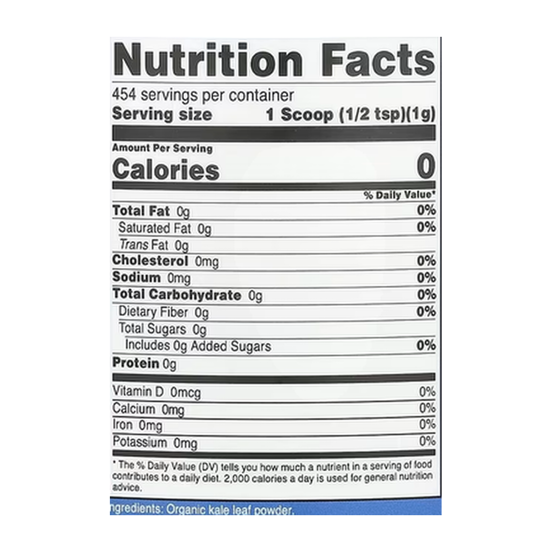 Nutricost, Organic Kale Powder, Unflavored, 16.2 oz, 454 g supplement facts label showing ingredients, vitamins, minerals, and serving information