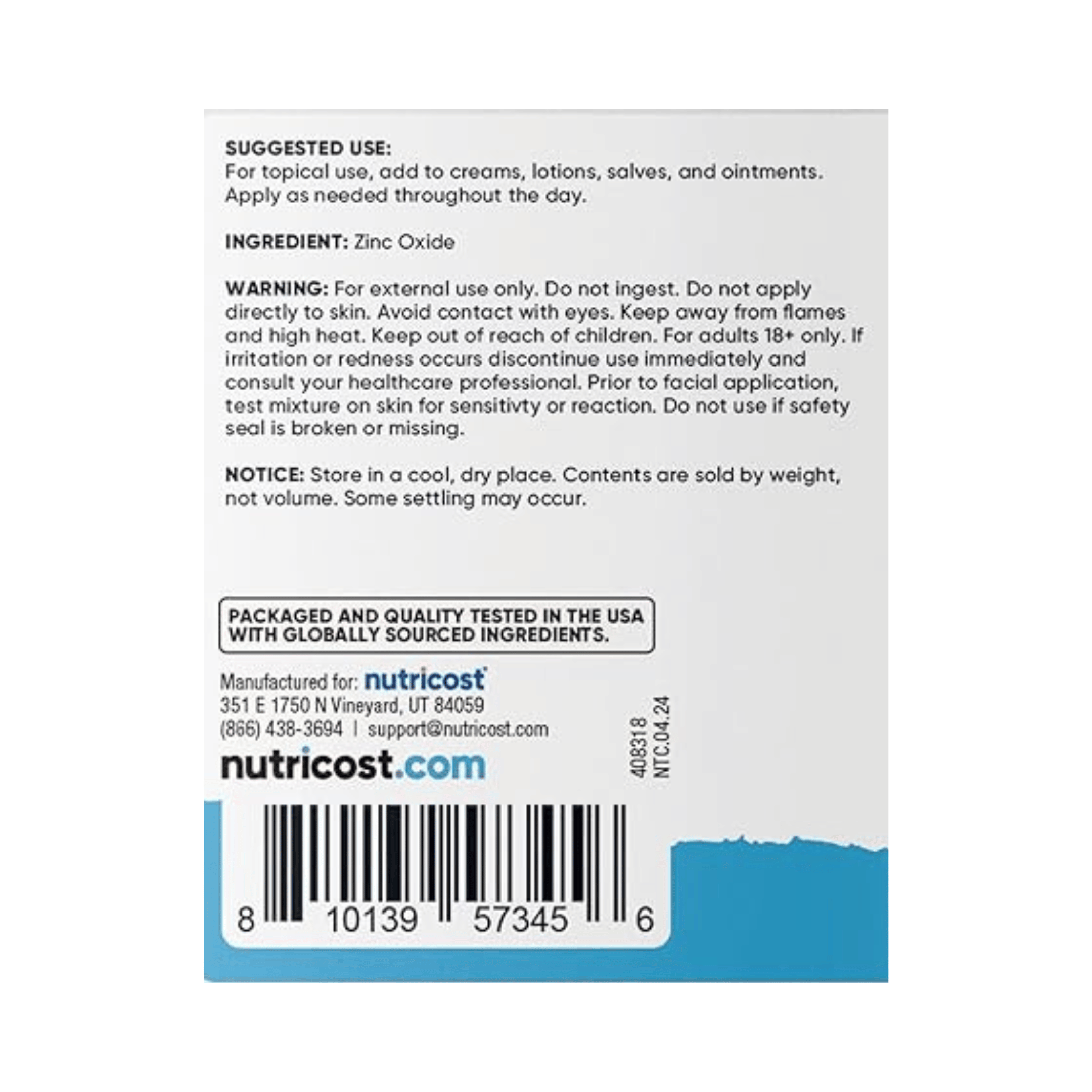 Nutricost, Essential, Zinc Oxide Powder, 17.9 oz, 500 g supplement facts label showing ingredients, vitamins, minerals, and serving information