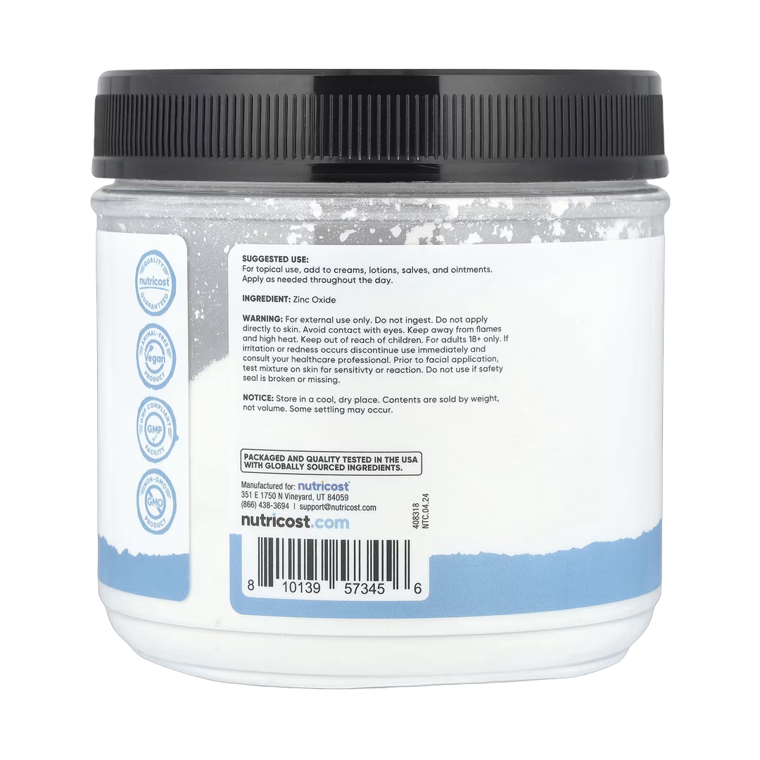 Nutricost, Essential, Zinc Oxide Powder, 17.9 oz, 500 g back packaging view