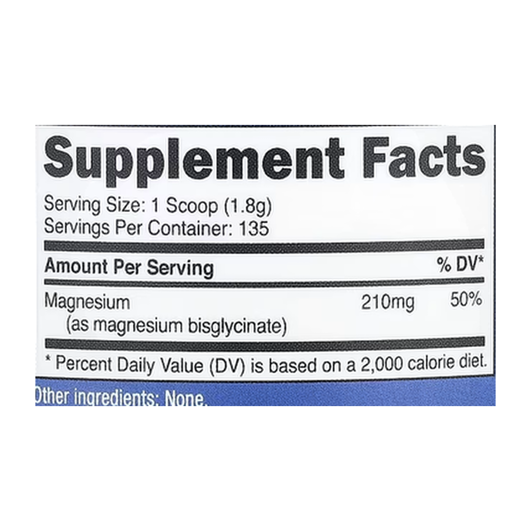 Nutricost, Magnesium Bisglycinate, Unflavored, 8.9 oz, 250 g supplement facts label showing ingredients, vitamins, minerals, and serving information