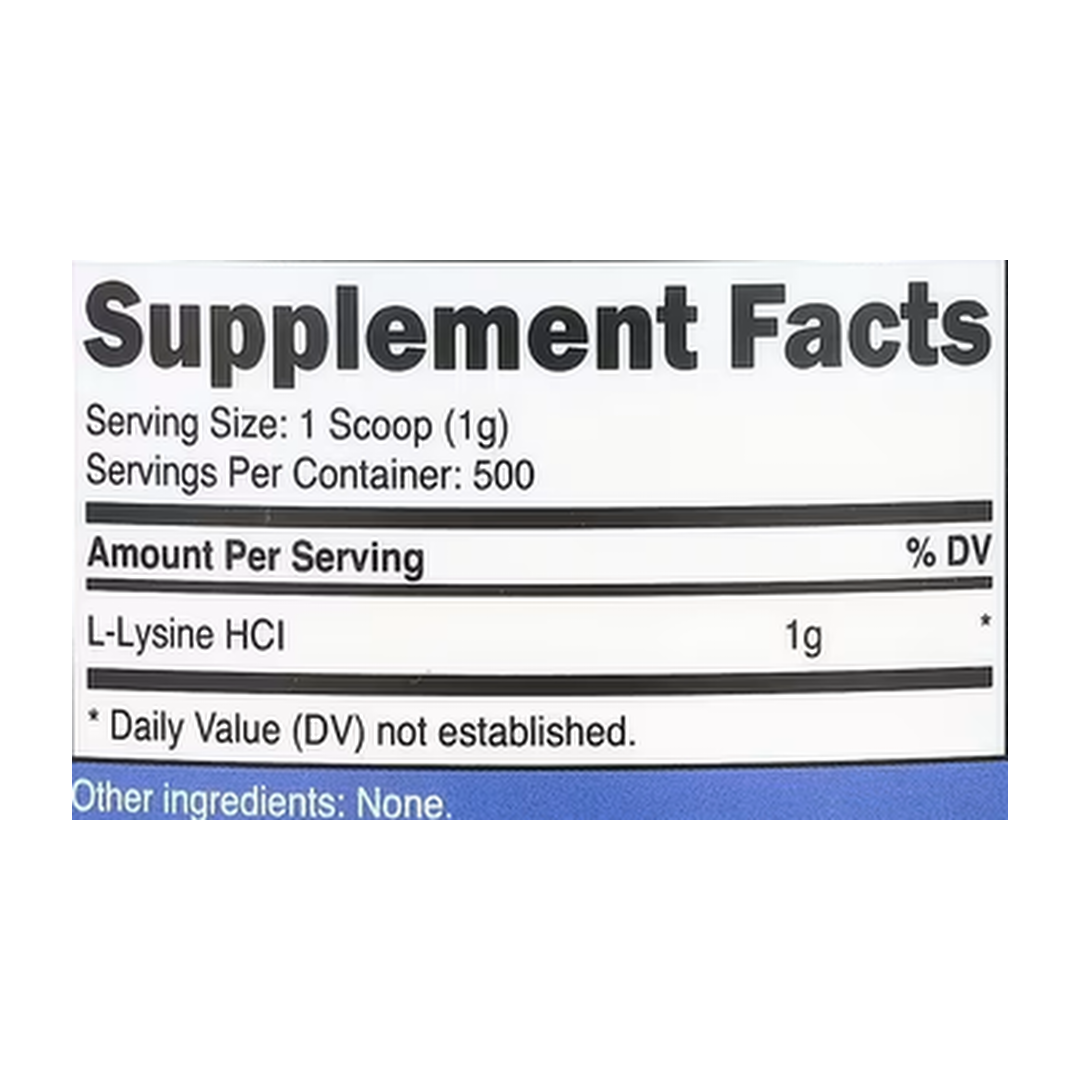 Nutricost, L-Lysine, Unflavored, 17.9 oz, 500 g supplement facts label showing ingredients, vitamins, minerals, and serving information