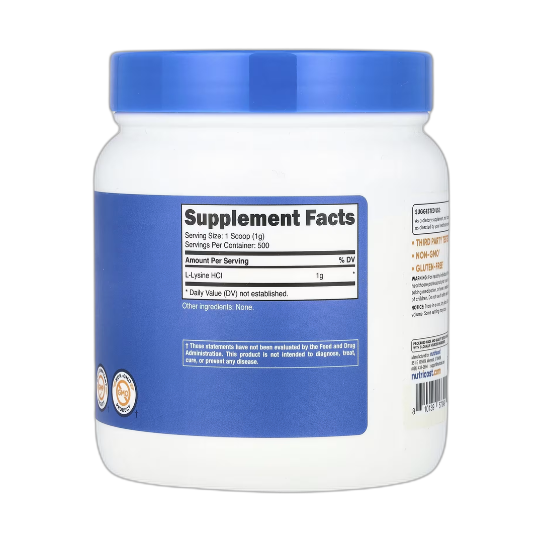 Nutricost, L-Lysine, Unflavored, 17.9 oz, 500 g back packaging view