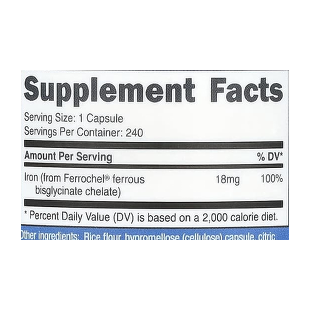 Nutricost, Iron Chelate From Ferrochel®, 18 mg, 240 Capsules supplement facts label showing ingredients, vitamins, minerals, and serving information