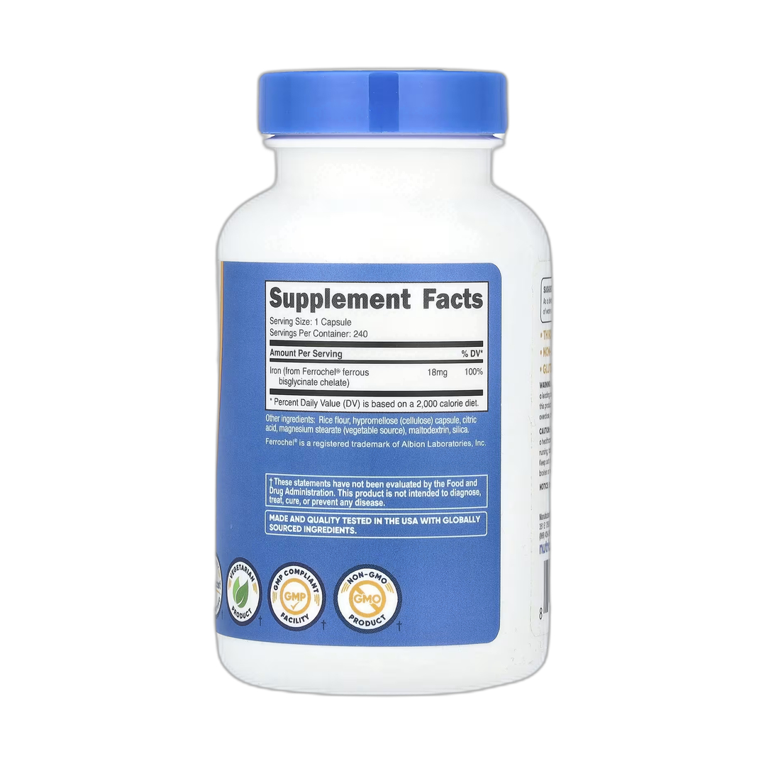 Nutricost, Iron Chelate From Ferrochel, 18 mg, 240 Capsules back packaging view