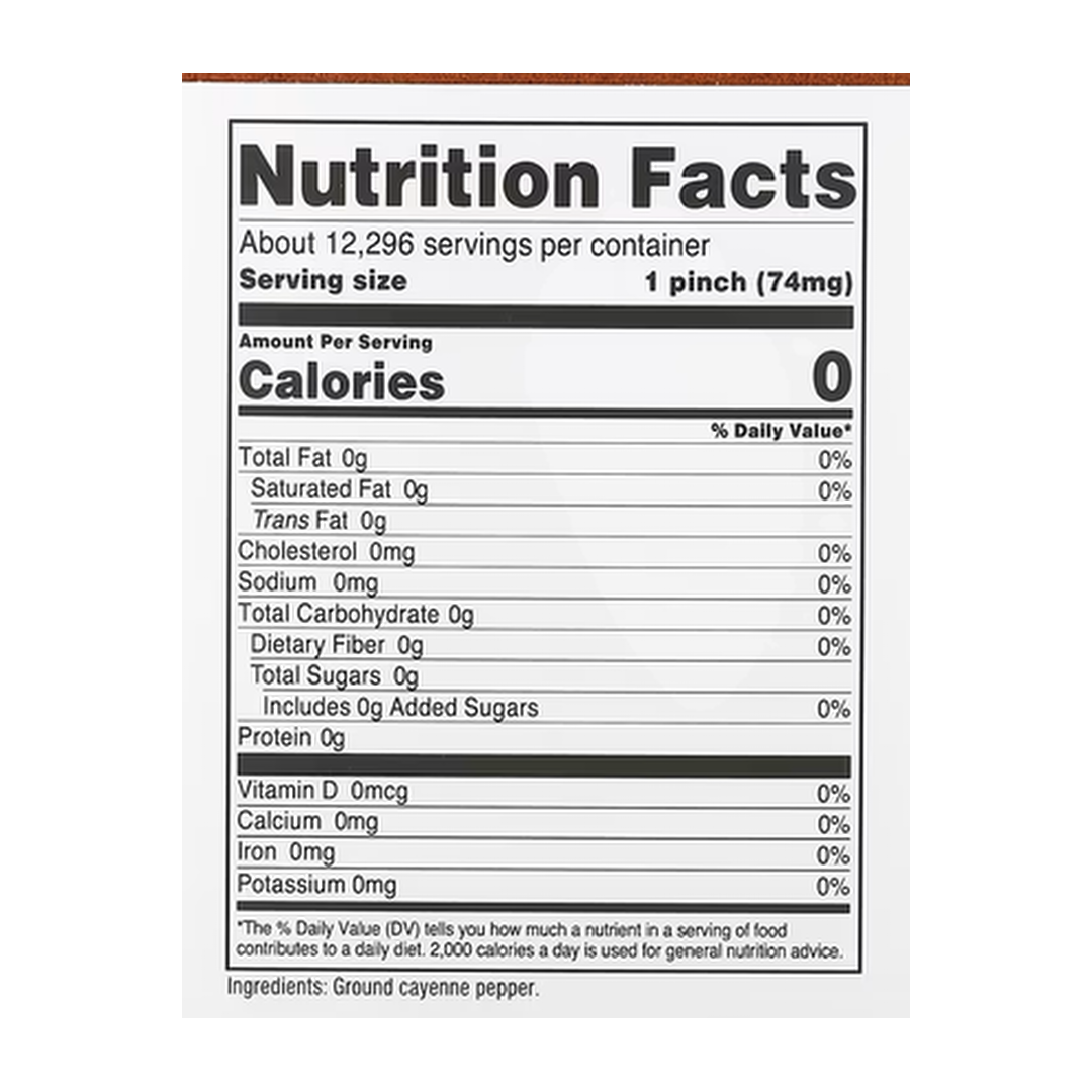 Nutricost, Pantry, Cayenne Pepper, 32.4 oz, 907 g supplement facts label showing ingredients, vitamins, minerals, and serving information