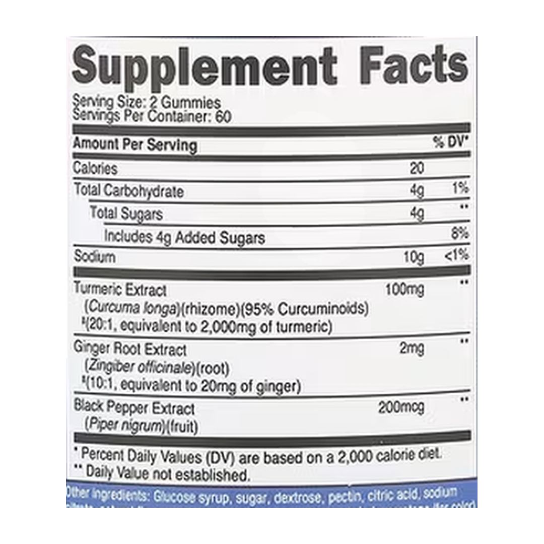 Nutricost, Turmeric Gummies, Citrus, 120 Gummies supplement facts label showing ingredients, vitamins, minerals, and serving information