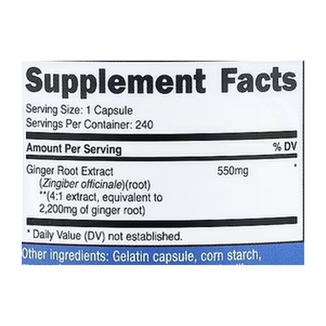 Nutricost, Ginger Root Extract, 240 Capsules supplement facts label showing ingredients, vitamins, minerals, and serving information