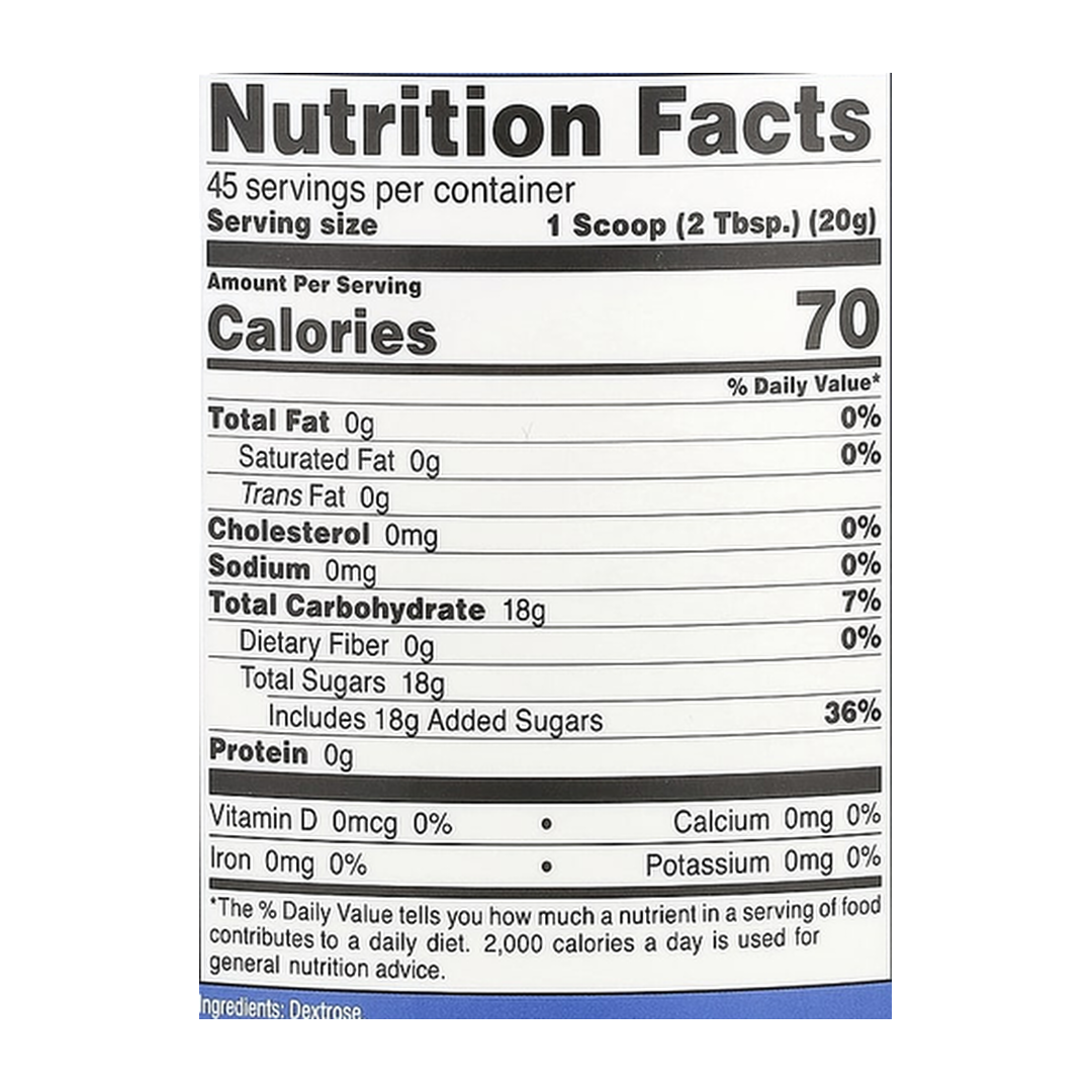 Nutricost, Dextrose, Unflavored, 2 lb, 907 g supplement facts label showing ingredients, vitamins, minerals, and serving information