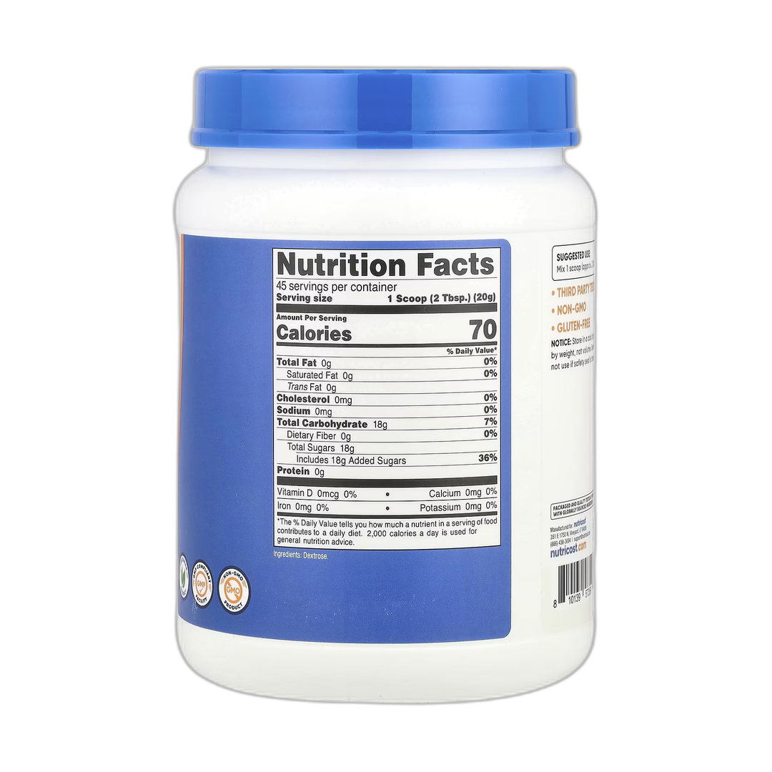Nutricost, Dextrose, Unflavored, 2 lb, 907 g back packaging view