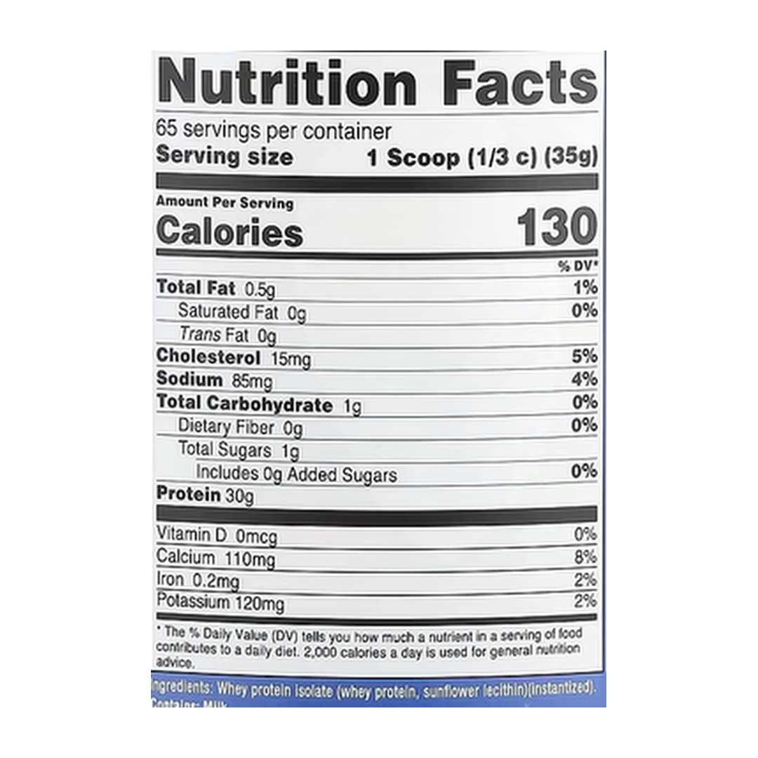 Nutricost, Whey Protein Isolate, Unflavored, 5 lb, 2,268 g supplement facts label showing ingredients, vitamins, minerals, and serving information
