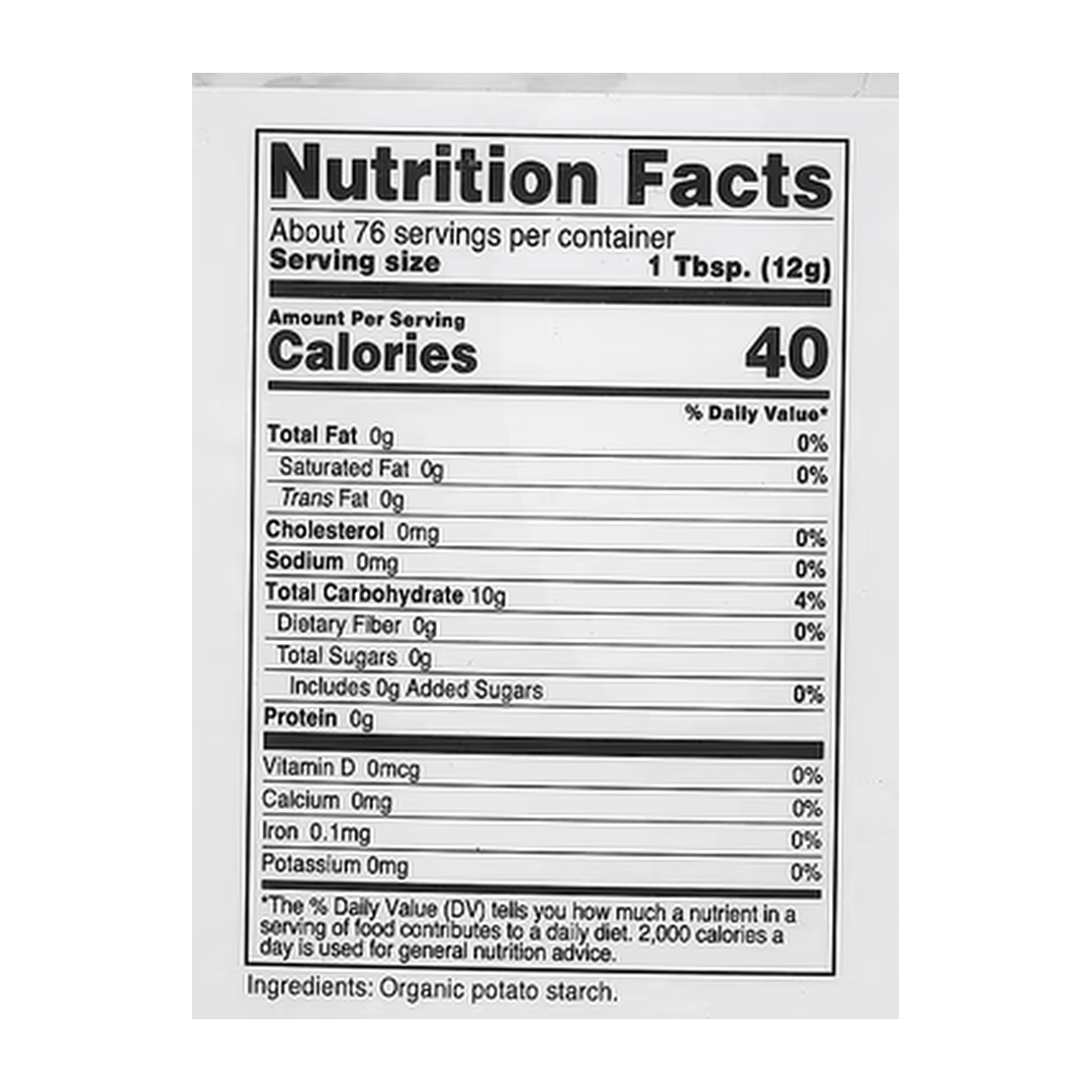 Nutricost, Pantry, Organic Potato Starch, 32.4 oz, 907 g supplement facts label showing ingredients, vitamins, minerals, and serving information