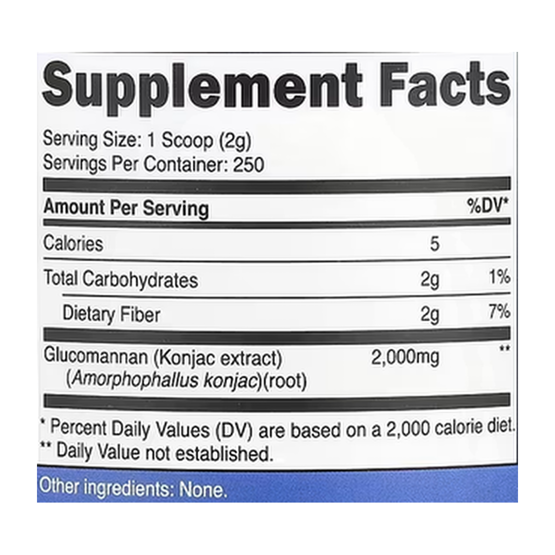 Nutricost, Glucomannan, Unflavored, 17.9 oz, 500 g supplement facts label showing ingredients, vitamins, minerals, and serving information
