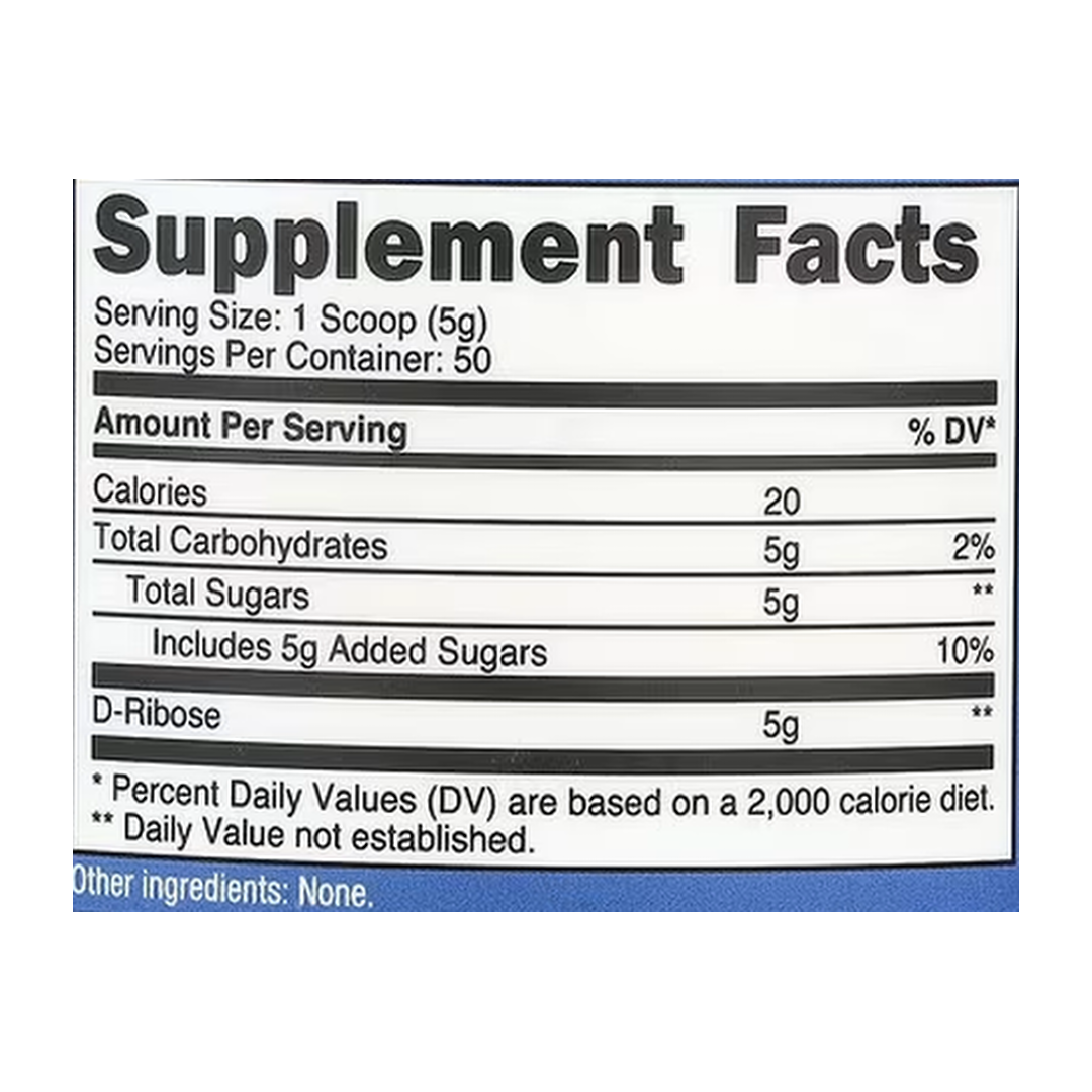 Nutricost, D-Ribose, Unflavored , 8.9 oz, 250 g supplement facts label showing ingredients, vitamins, minerals, and serving information
