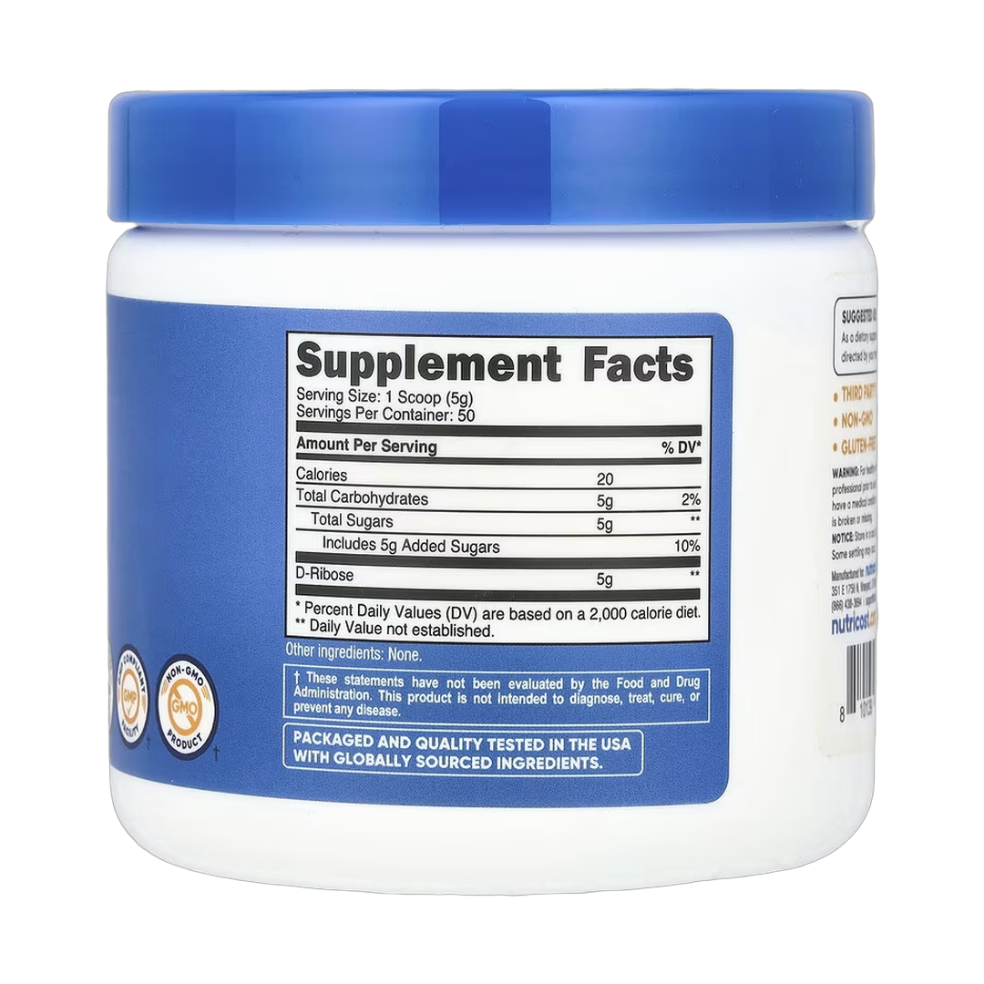 Nutricost, D-Ribose, Unflavored , 8.9 oz, 250 g back packaging view