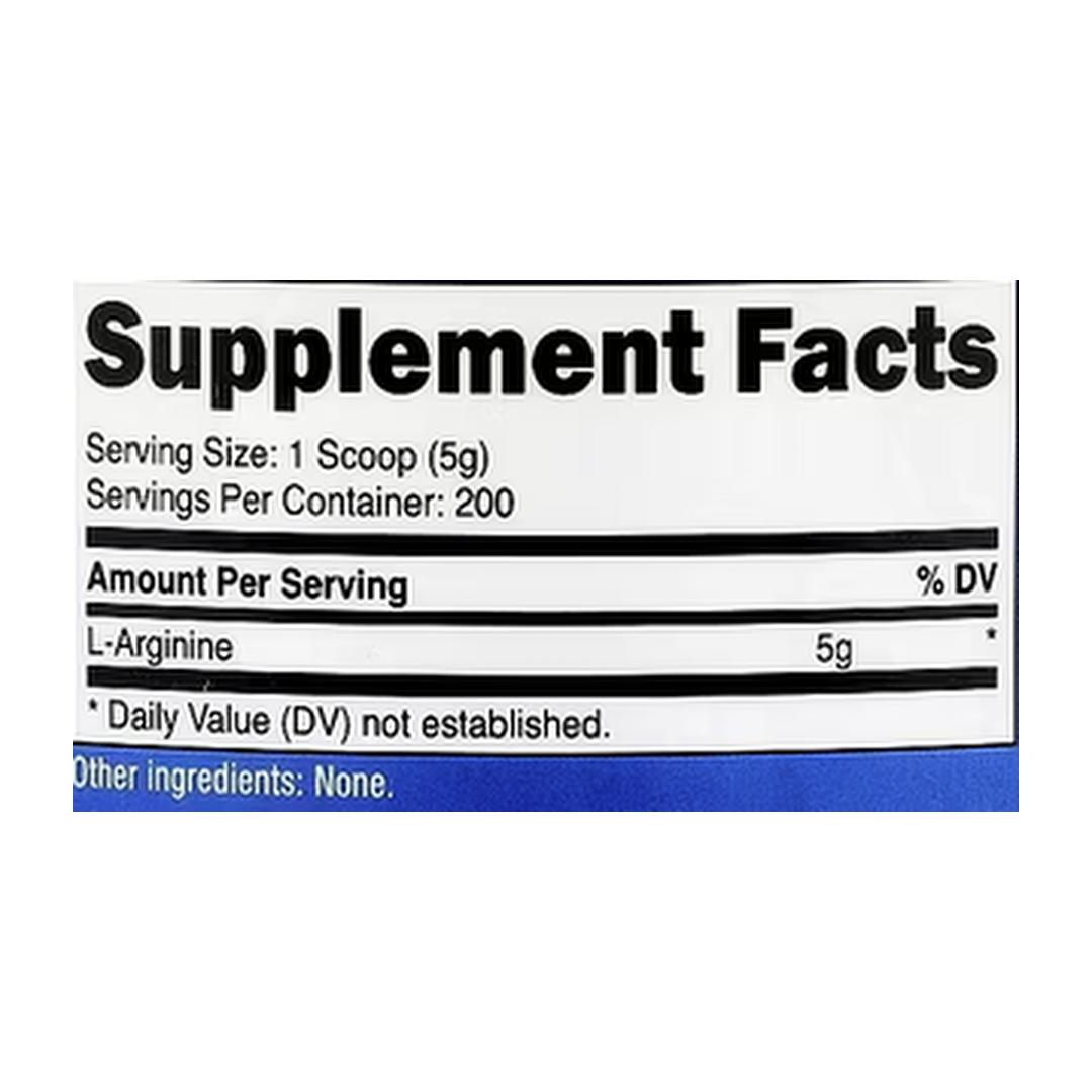 Nutricost, L-Arginine, Unflavored, 35.7 oz, 1 kg supplement facts label showing ingredients, vitamins, minerals, and serving information