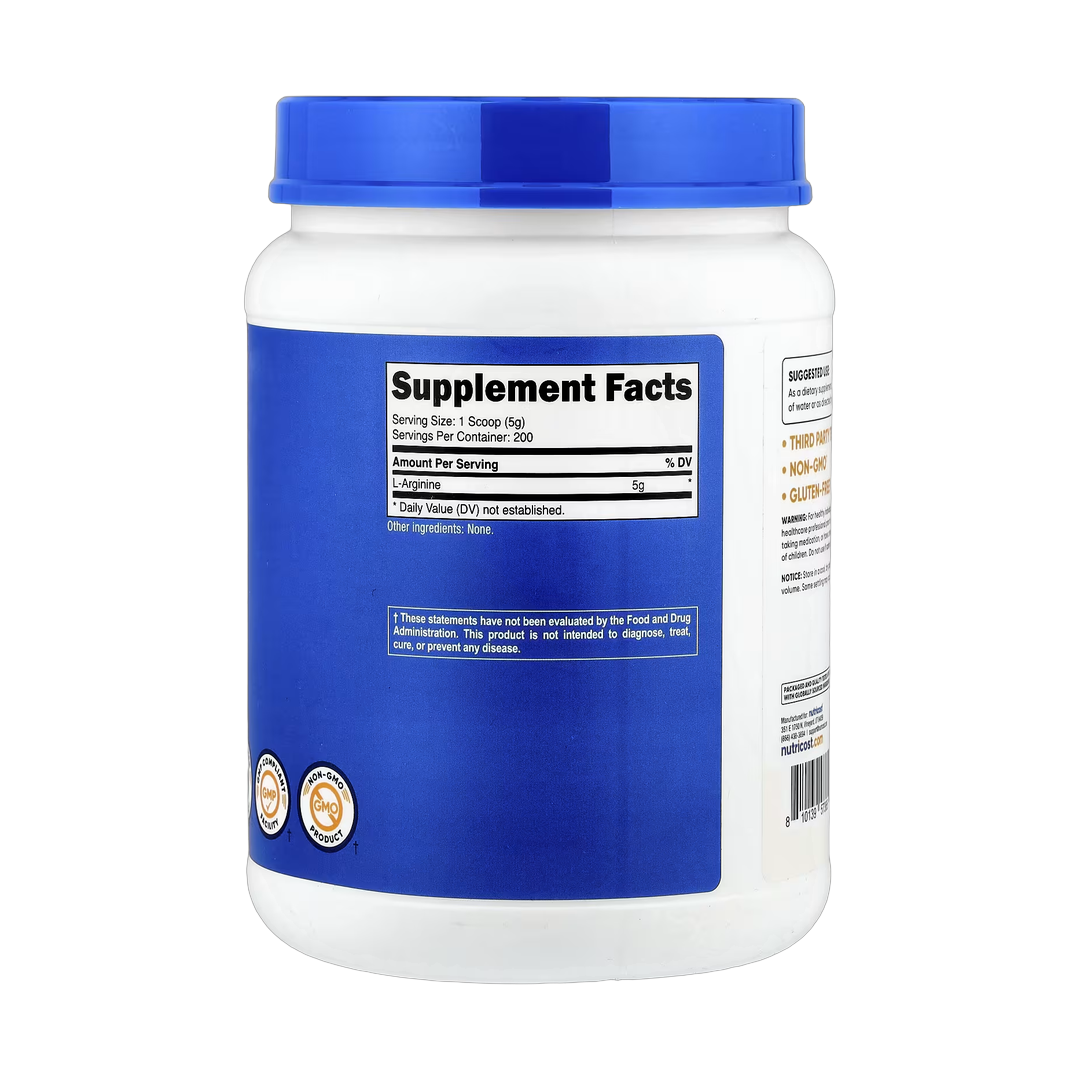 Nutricost, L-Arginine, Unflavored, 35.7 oz, 1 kg back packaging view