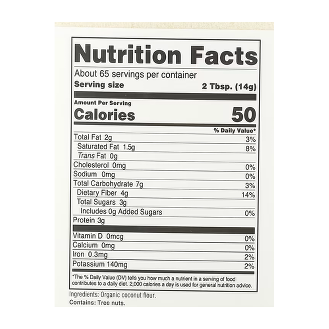 Nutricost, Pantry, Organic Coconut Flour, 32.4 oz, 907 g supplement facts label showing ingredients, vitamins, minerals, and serving information