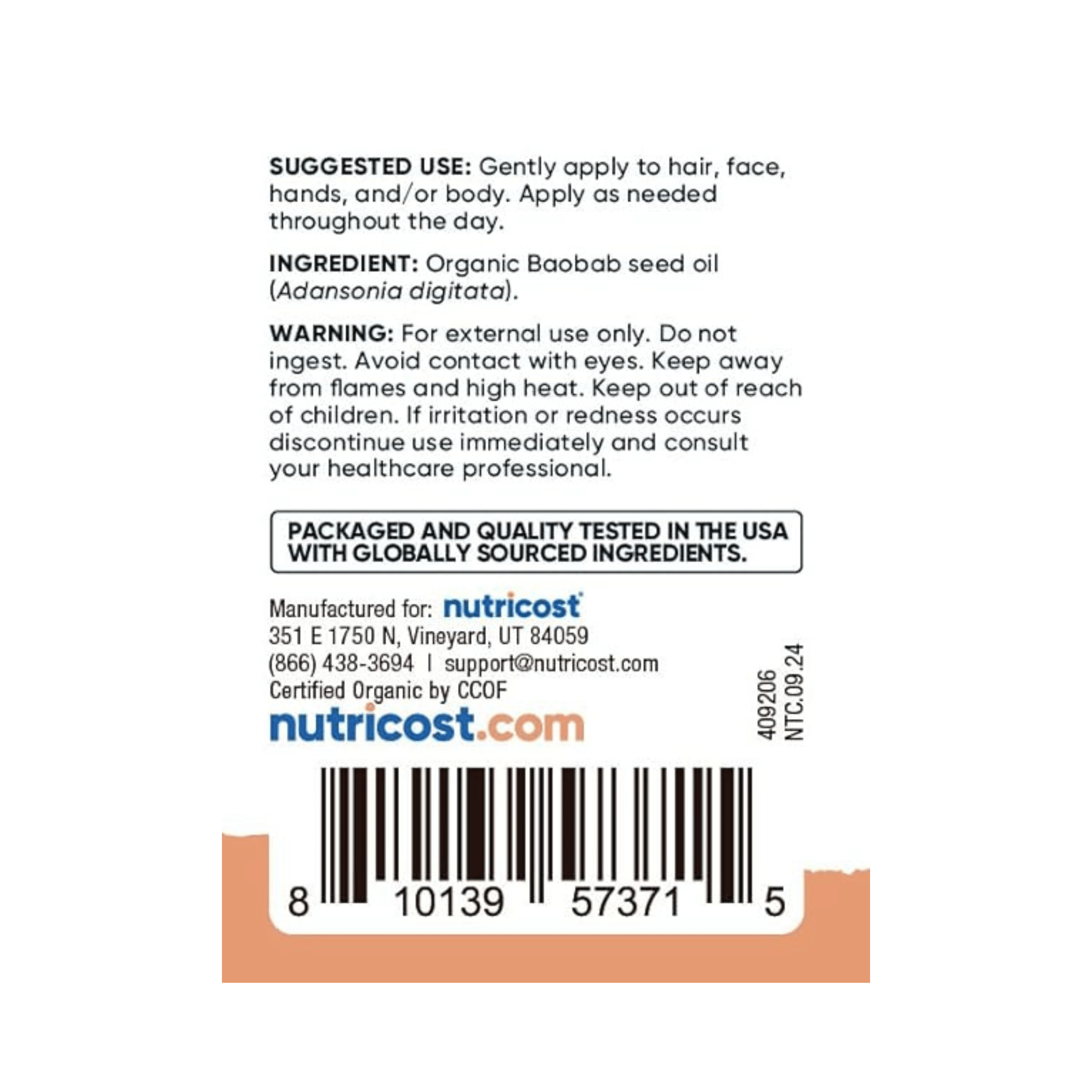 Nutricost, Essentials, Organic Baobab Oil, 4 fl oz, 118 ml supplement facts label showing ingredients, vitamins, minerals, and serving information