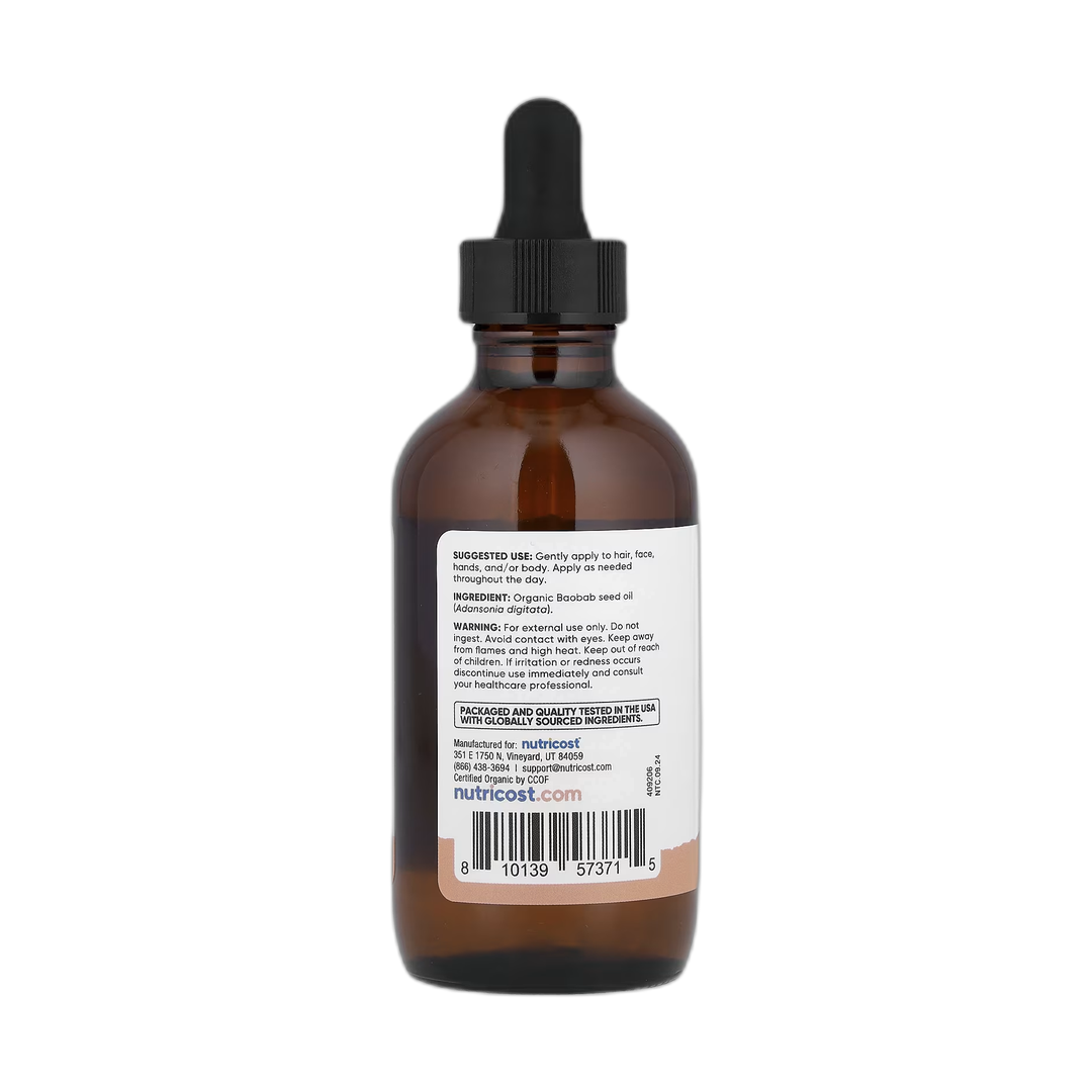Nutricost, Essentials, Organic Baobab Oil, 4 fl oz, 118 ml back packaging view
