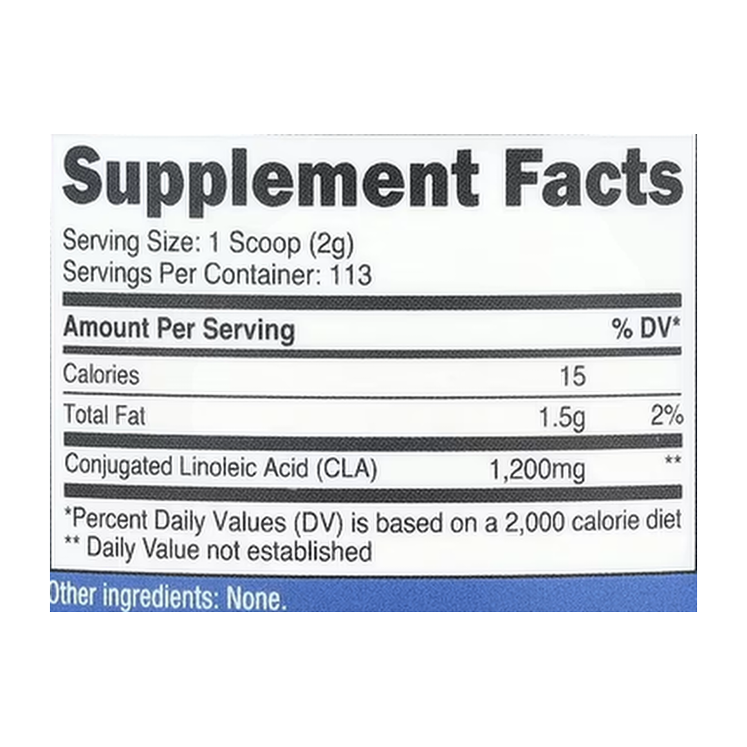 Nutricost, CLA, Unflavored, 8.1 oz, 227 g supplement facts label showing ingredients, vitamins, minerals, and serving information
