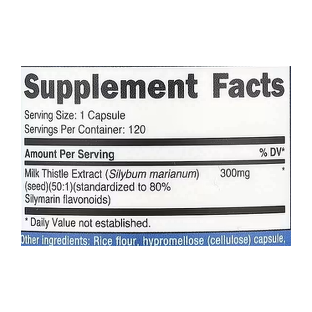Nutricost, Milk Thistle, 300 mg, 120 Capsules supplement facts label showing ingredients, vitamins, minerals, and serving information