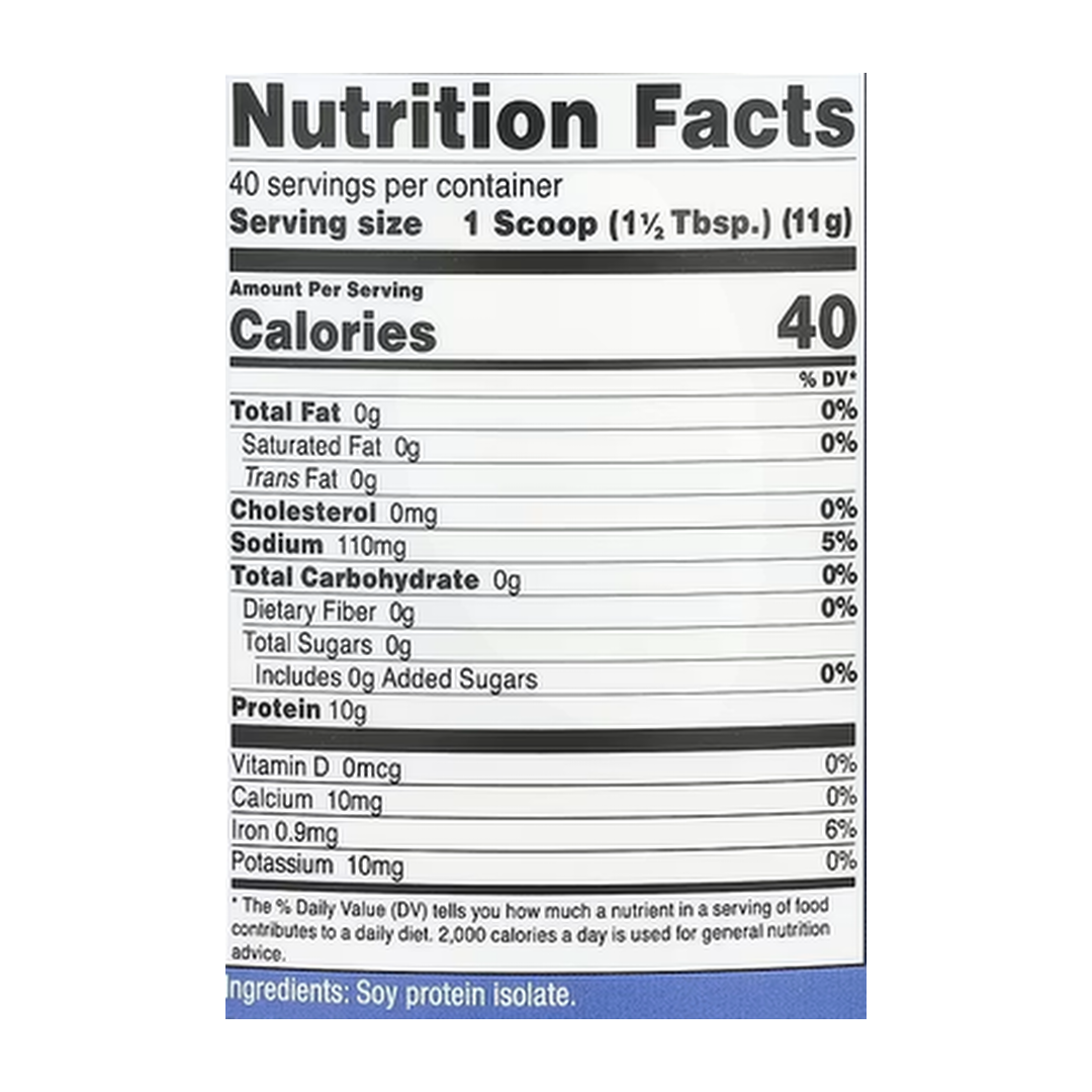 Nutricost, Soy Protein Isolate, Unflavored, 1 lb, 454 g supplement facts label showing ingredients, vitamins, minerals, and serving information