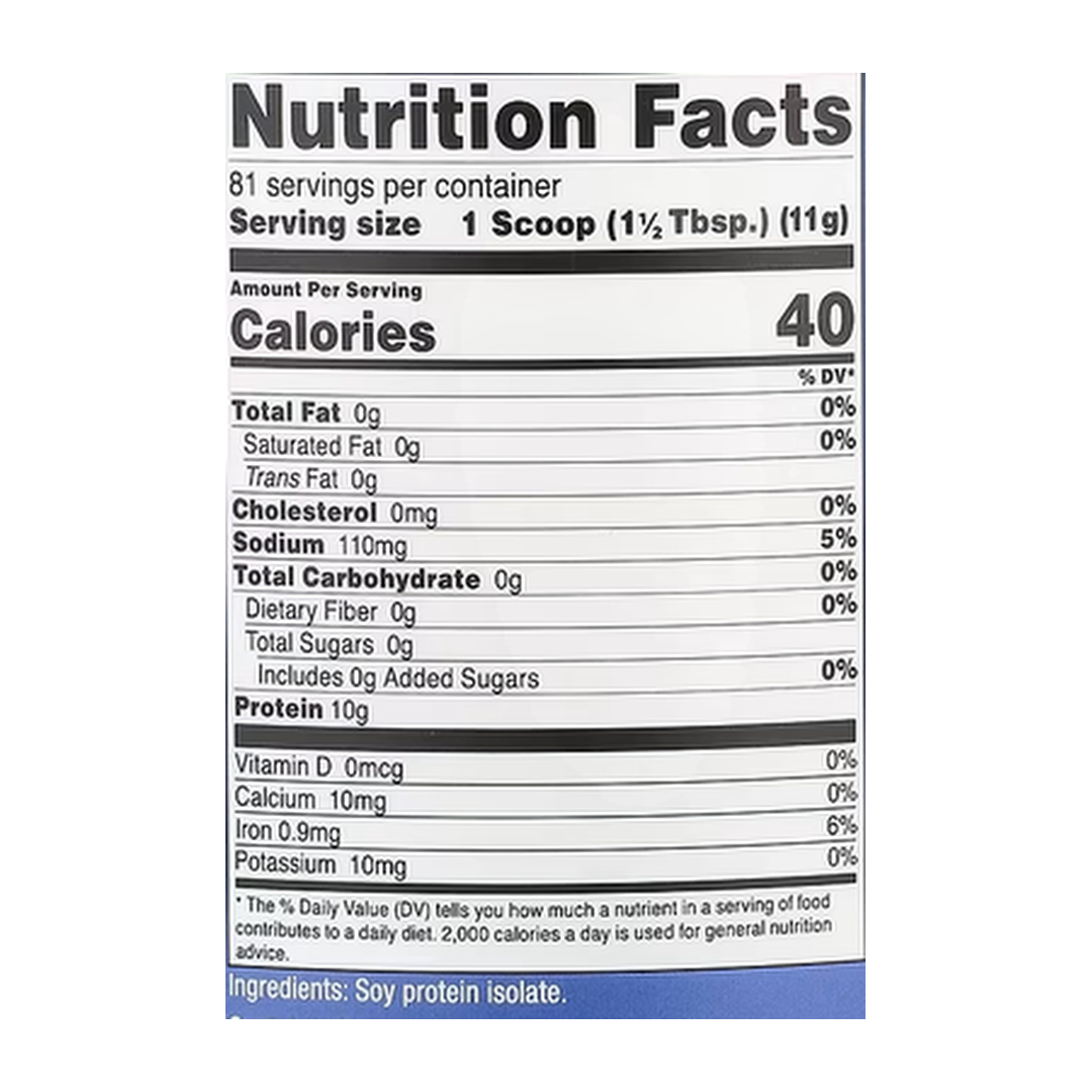 Nutricost, Soy Protein Isolate, Unflavored, 2 lb, 907 g supplement facts label showing ingredients, vitamins, minerals, and serving information