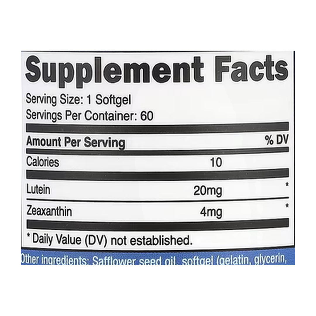 Nutricost, Zeaxanthin with Lutein, 60 Softgels supplement facts label showing ingredients, vitamins, minerals, and serving information