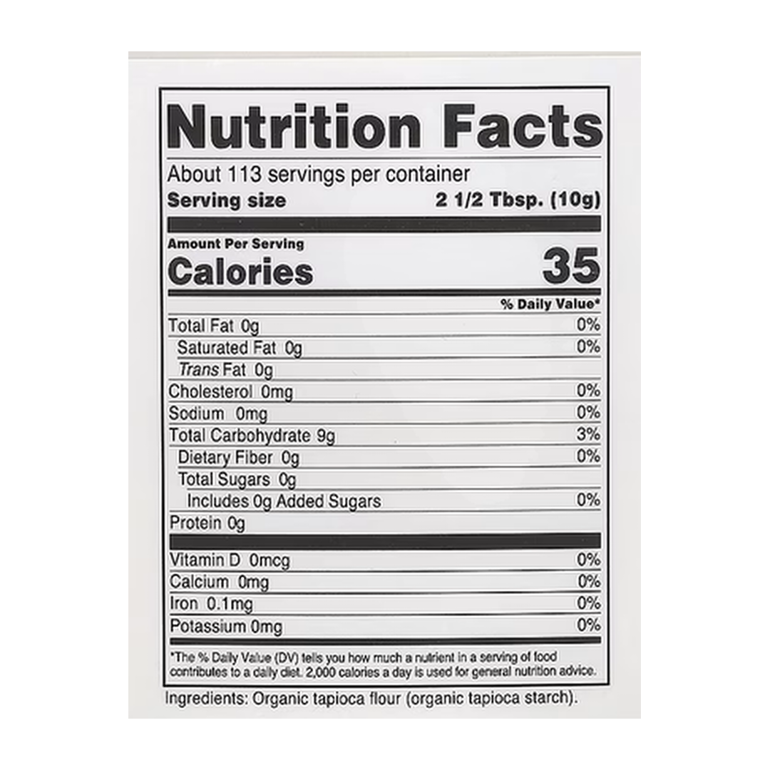 Nutricost, Pantry, Organic Tapioca Flour, 40.5 oz, 1,134 g supplement facts label showing ingredients, vitamins, minerals, and serving information