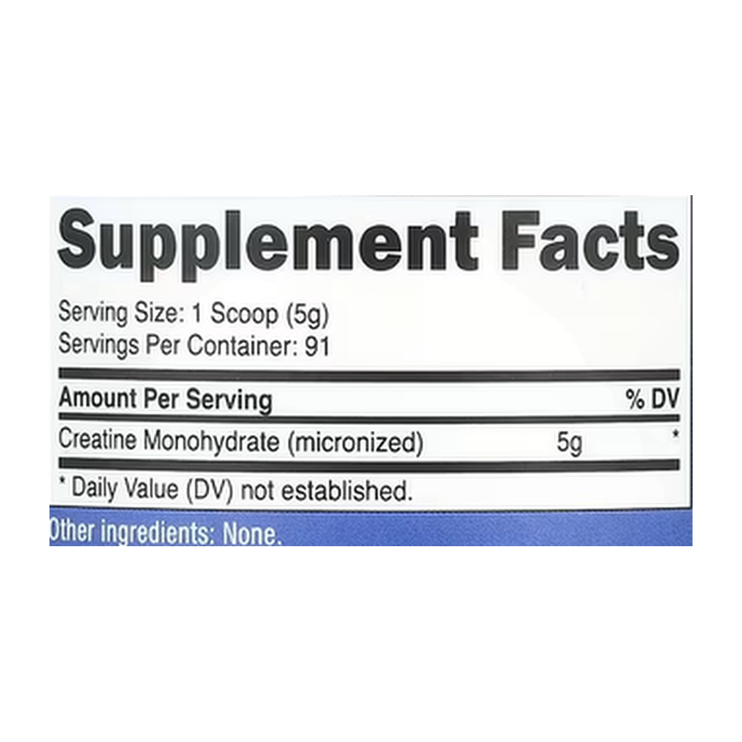 Nutricost, Performance, Creatine Monohydrate, Unflavored, 1 lb, 454 g supplement facts label showing ingredients, vitamins, minerals, and serving information