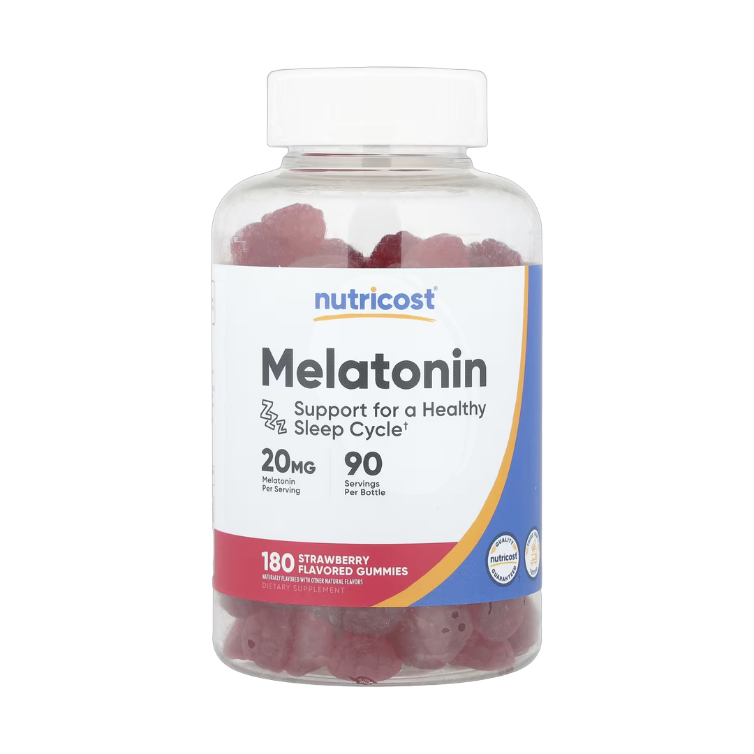 Nutricost, Melatonin Gummies, Strawberry, 180 Gummies front packaging view