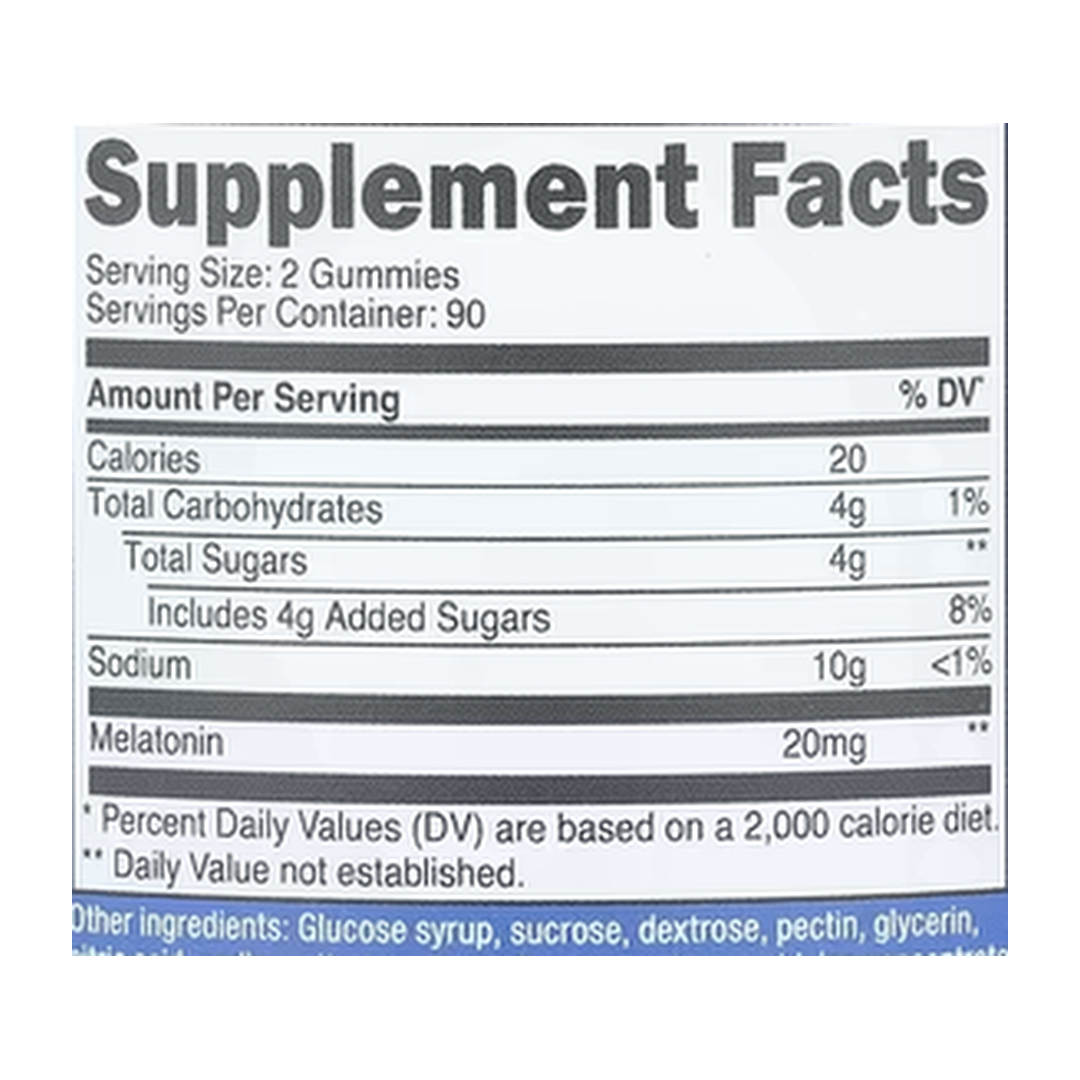 Nutricost, Melatonin Gummies, Strawberry, 180 Gummies supplement facts label showing ingredients, vitamins, minerals, and serving information